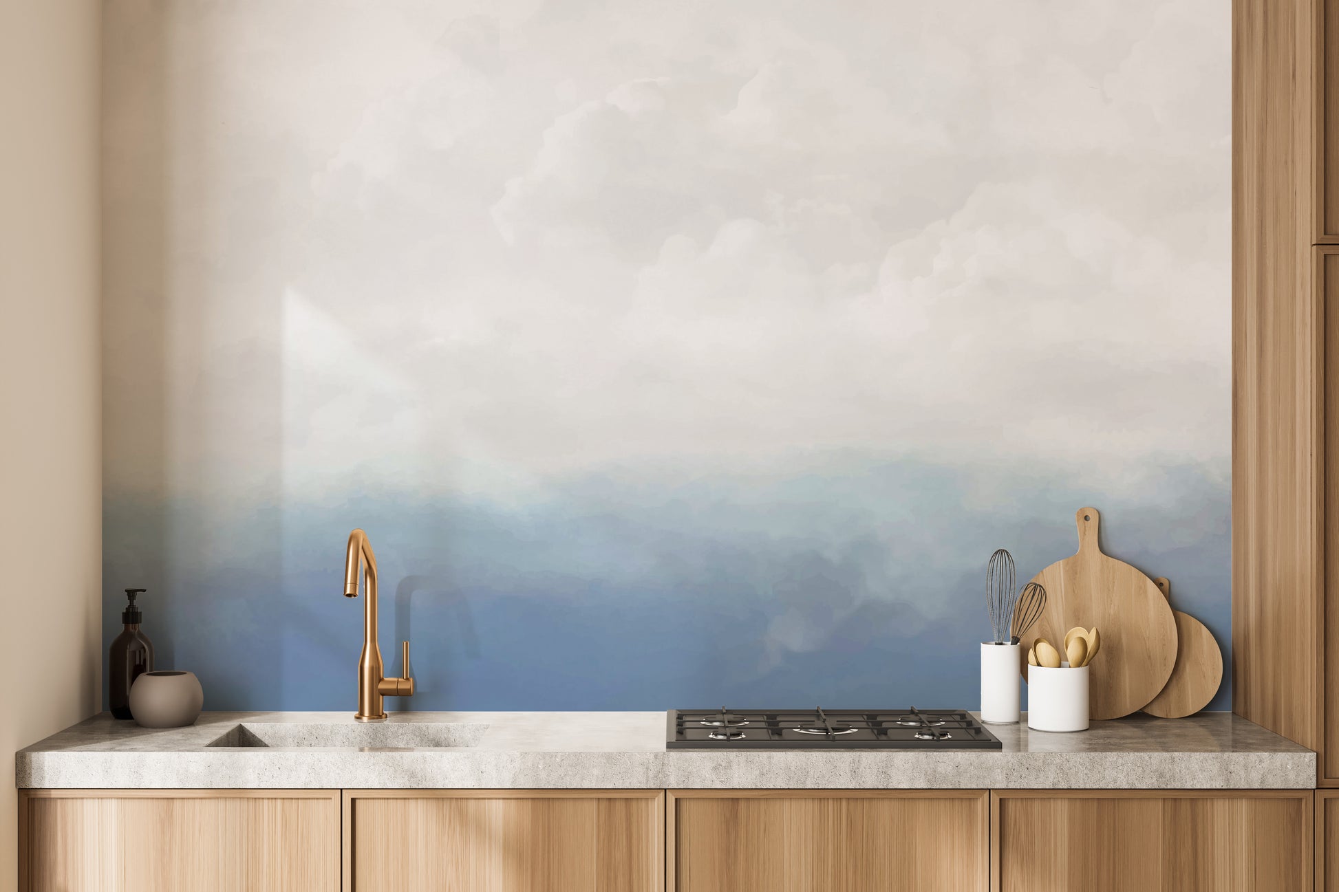 Refreshing blue sky mural for serene wall decoration
