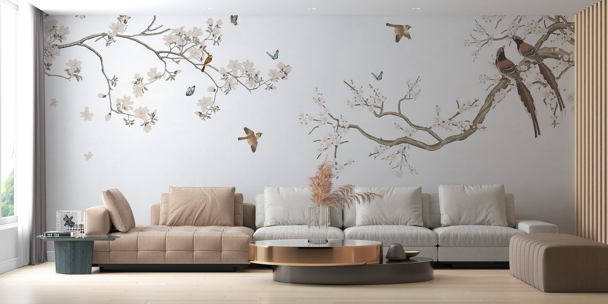 Peach blossom birds wallpaper mural for graceful rooms