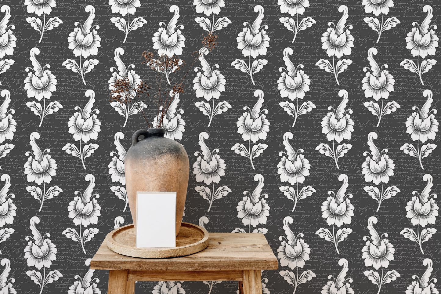 Abstract Autumn Leaf Design Black Damask Wallpaper