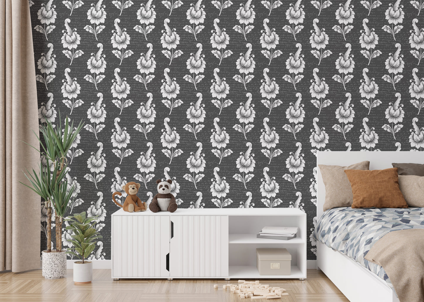 Abstract Autumn Leaf Design Black Damask Wallpaper