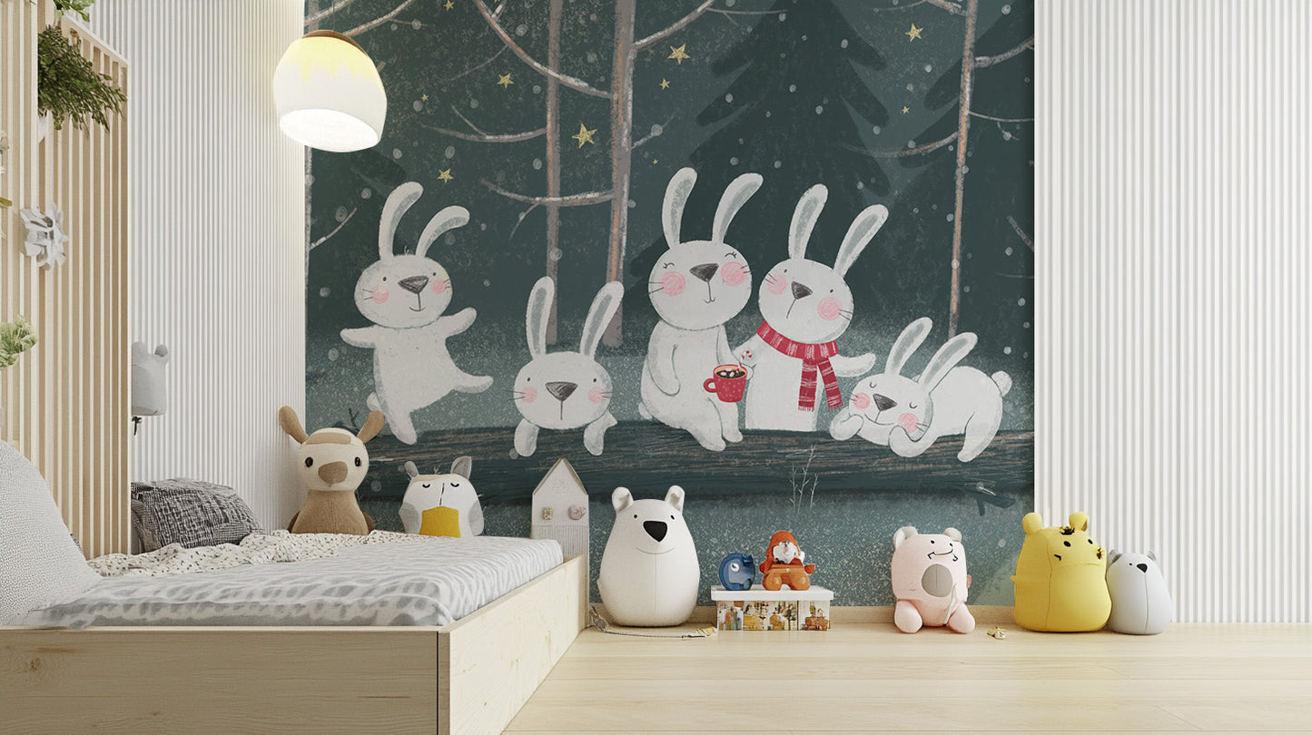 Winter wonderland rabbit wallpaper mural for cozy decor