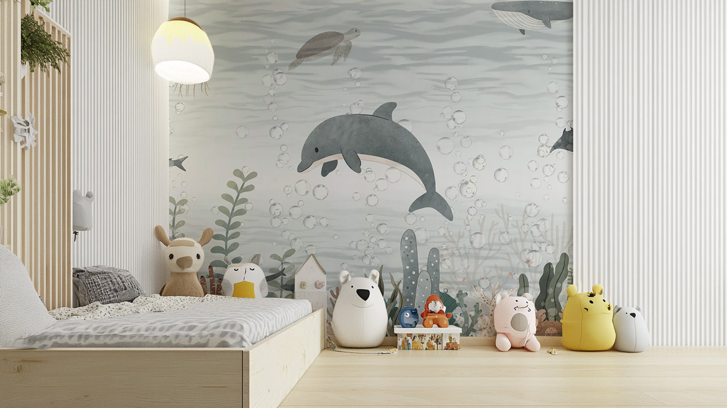 Decorative dolphin mural with a playful and serene vibe