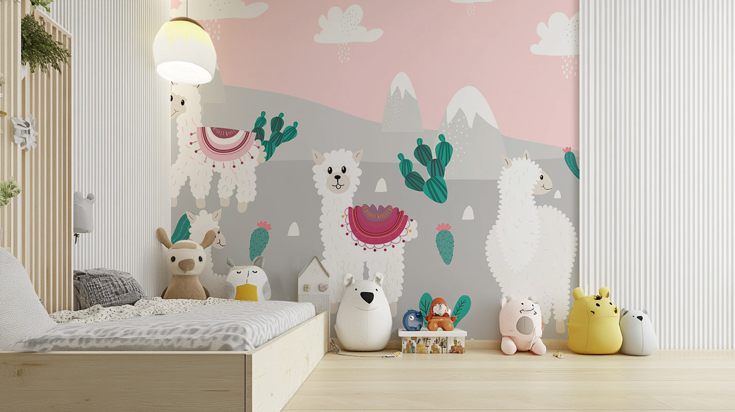 Mountain wallpaper mural with adorable llamas for joyful decor