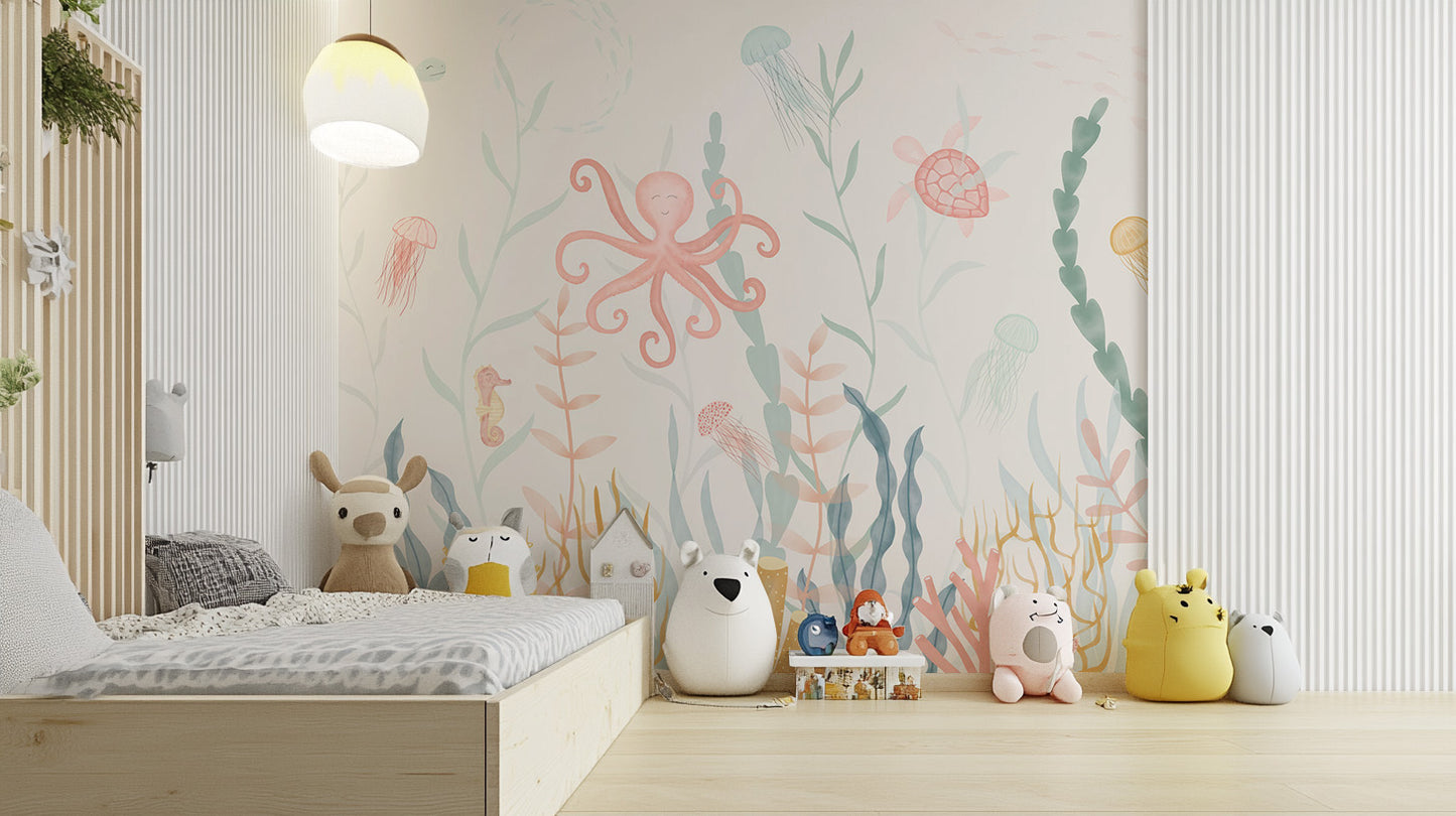 Marine life mural wallpaper for kids' nursery decor