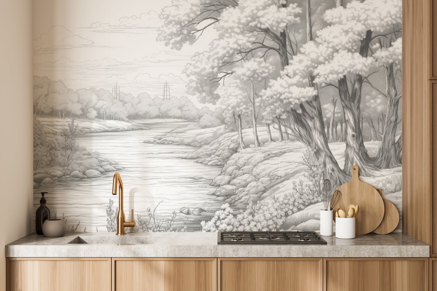 Dreamy grey forest wall mural for a peaceful vibe
