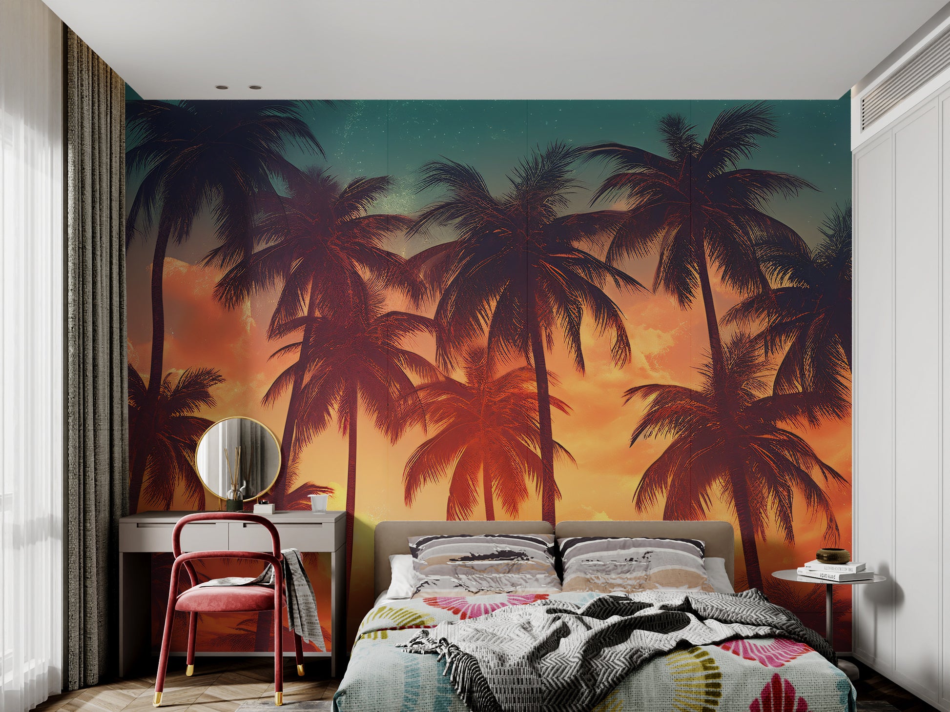 Vibrant tropical landscape mural with rich colors
