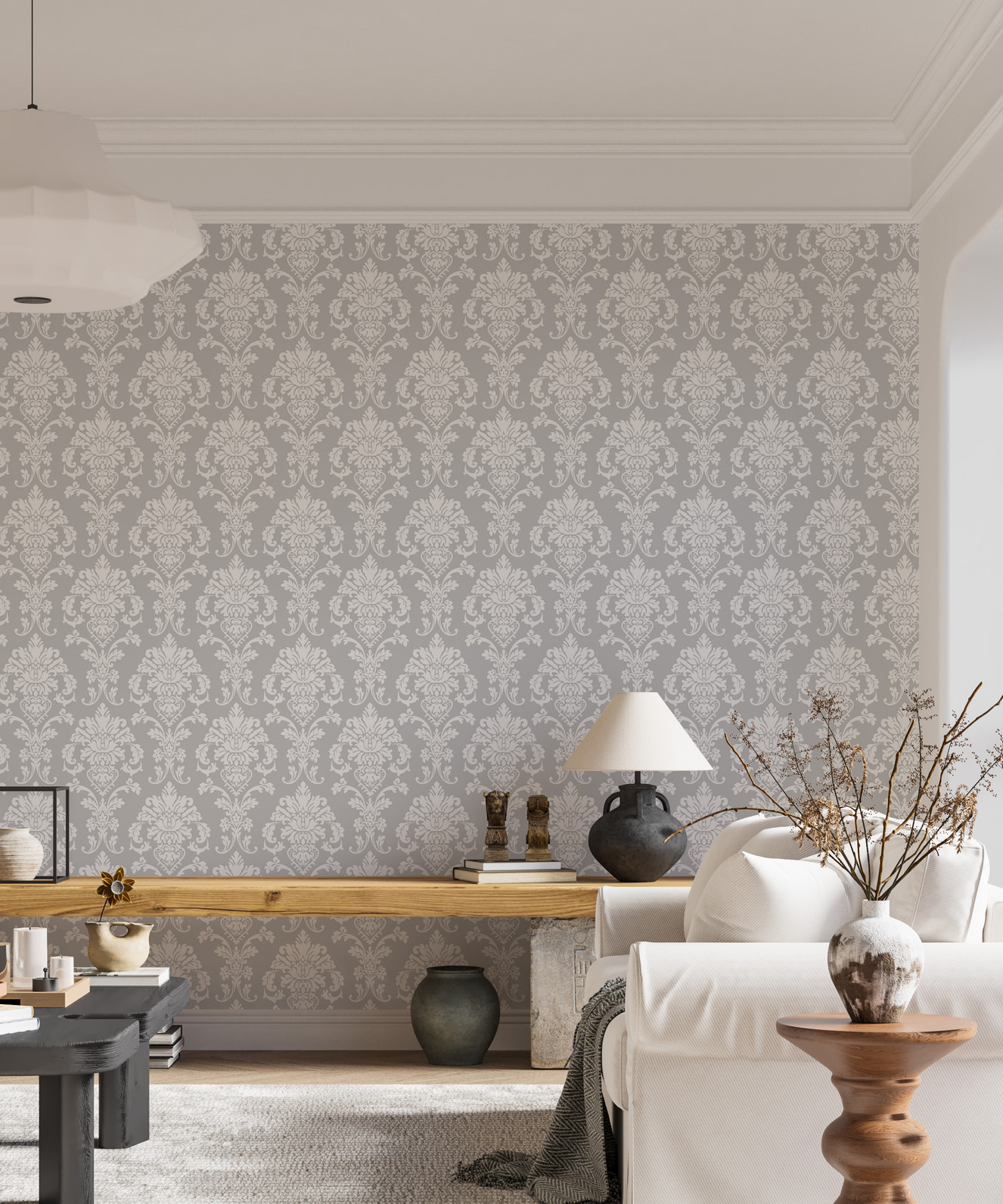 Elegant Gray Color Repeat Pattern Damask Wallpaper