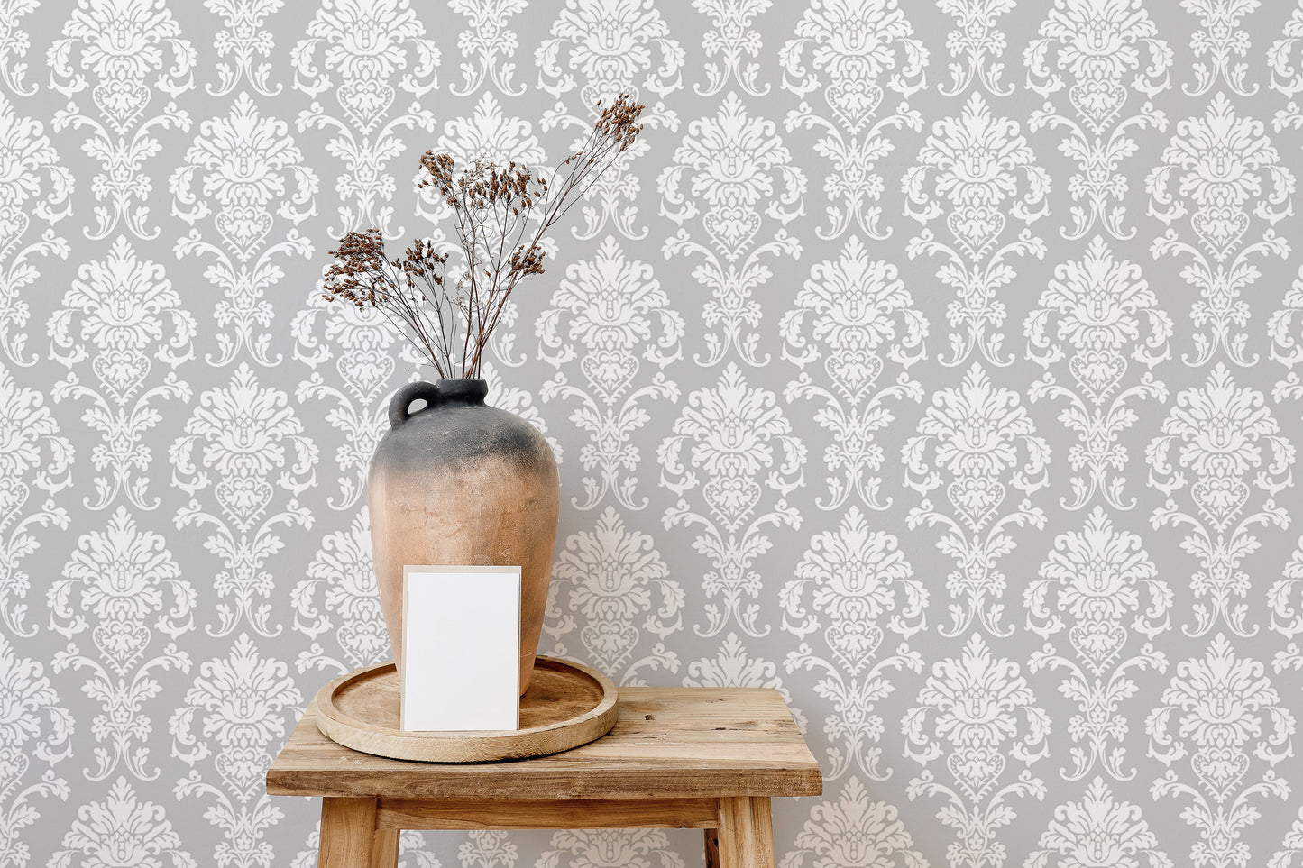 Elegant Gray Color Repeat Pattern Damask Wallpaper