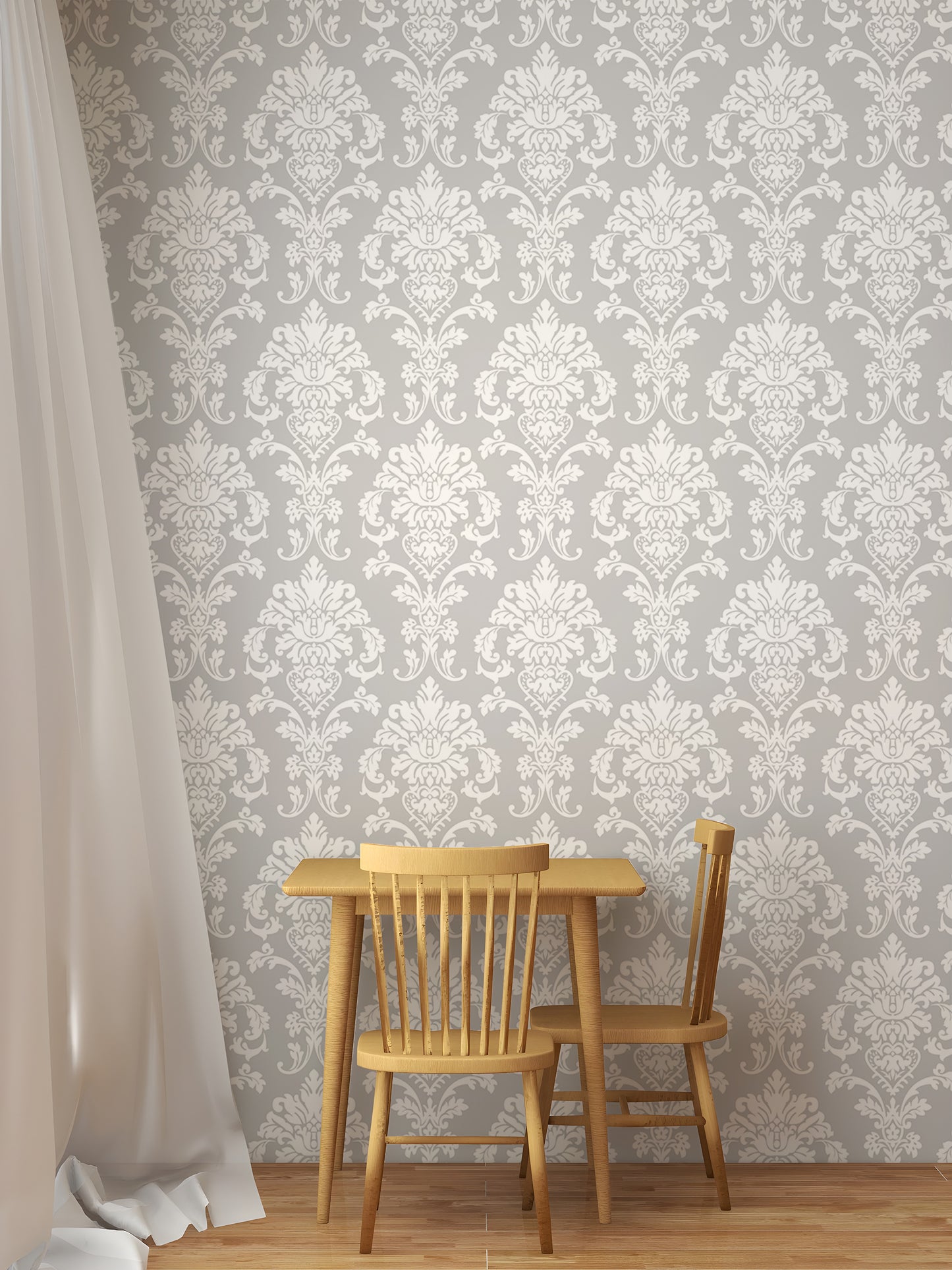 Elegant Gray Color Repeat Pattern Damask Wallpaper