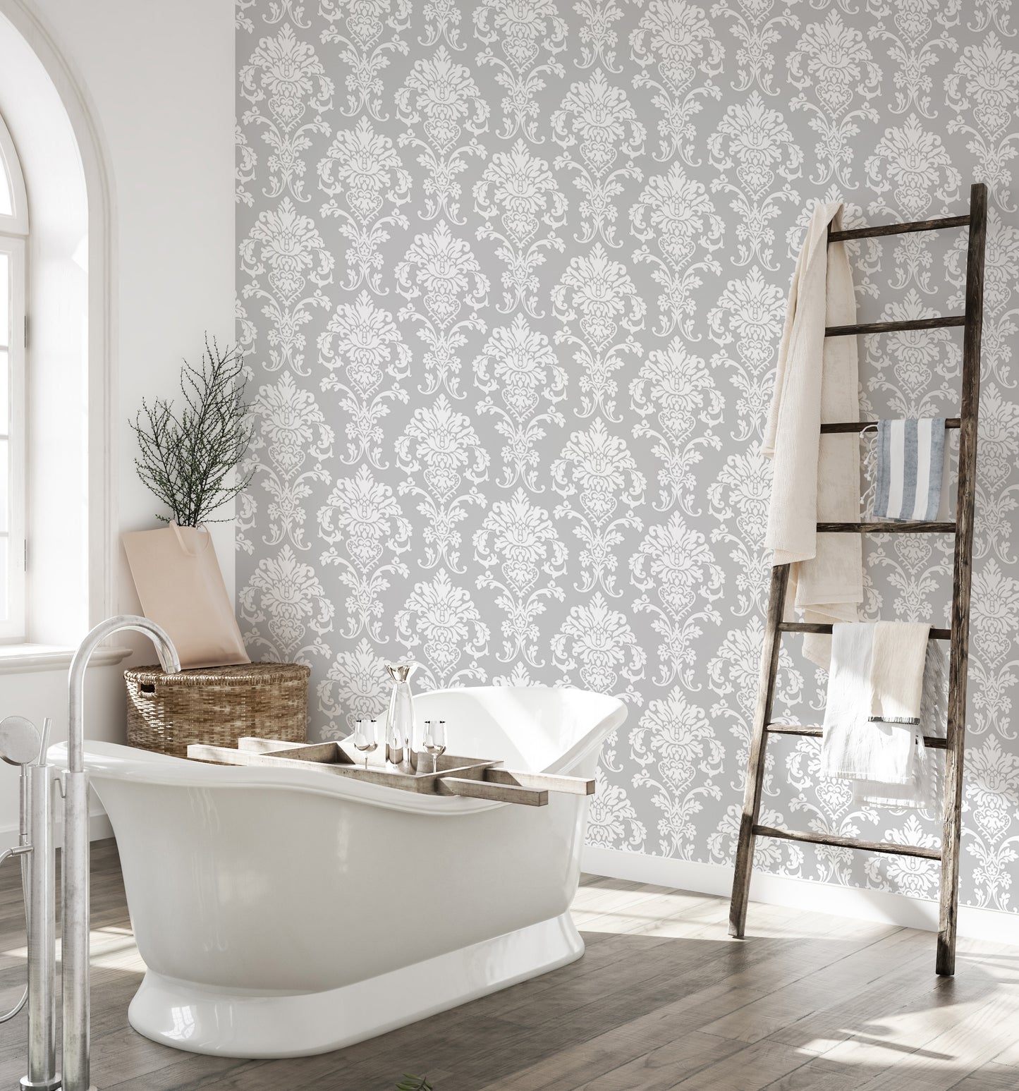 Elegant Gray Color Repeat Pattern Damask Wallpaper