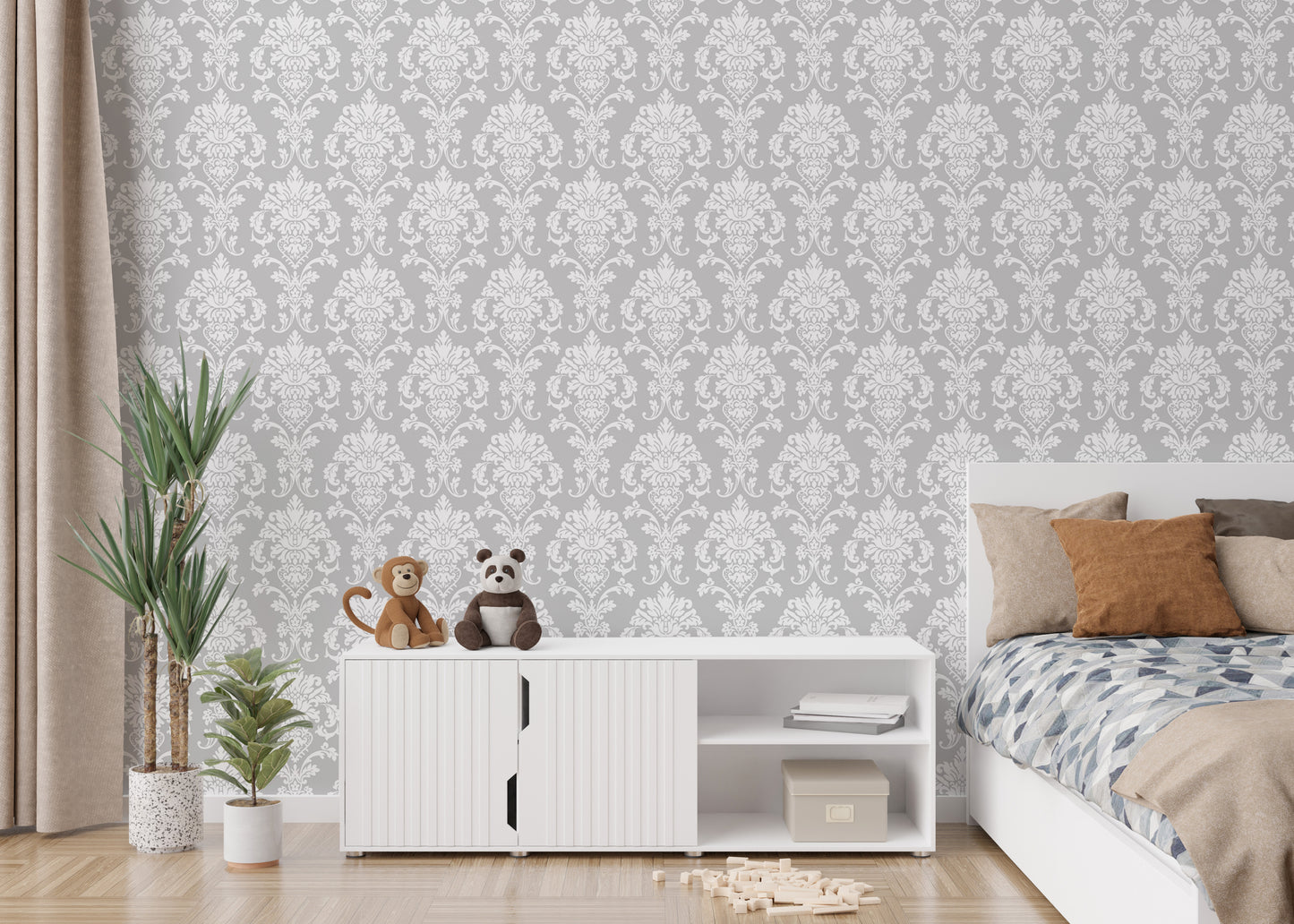 Elegant Gray Color Repeat Pattern Damask Wallpaper