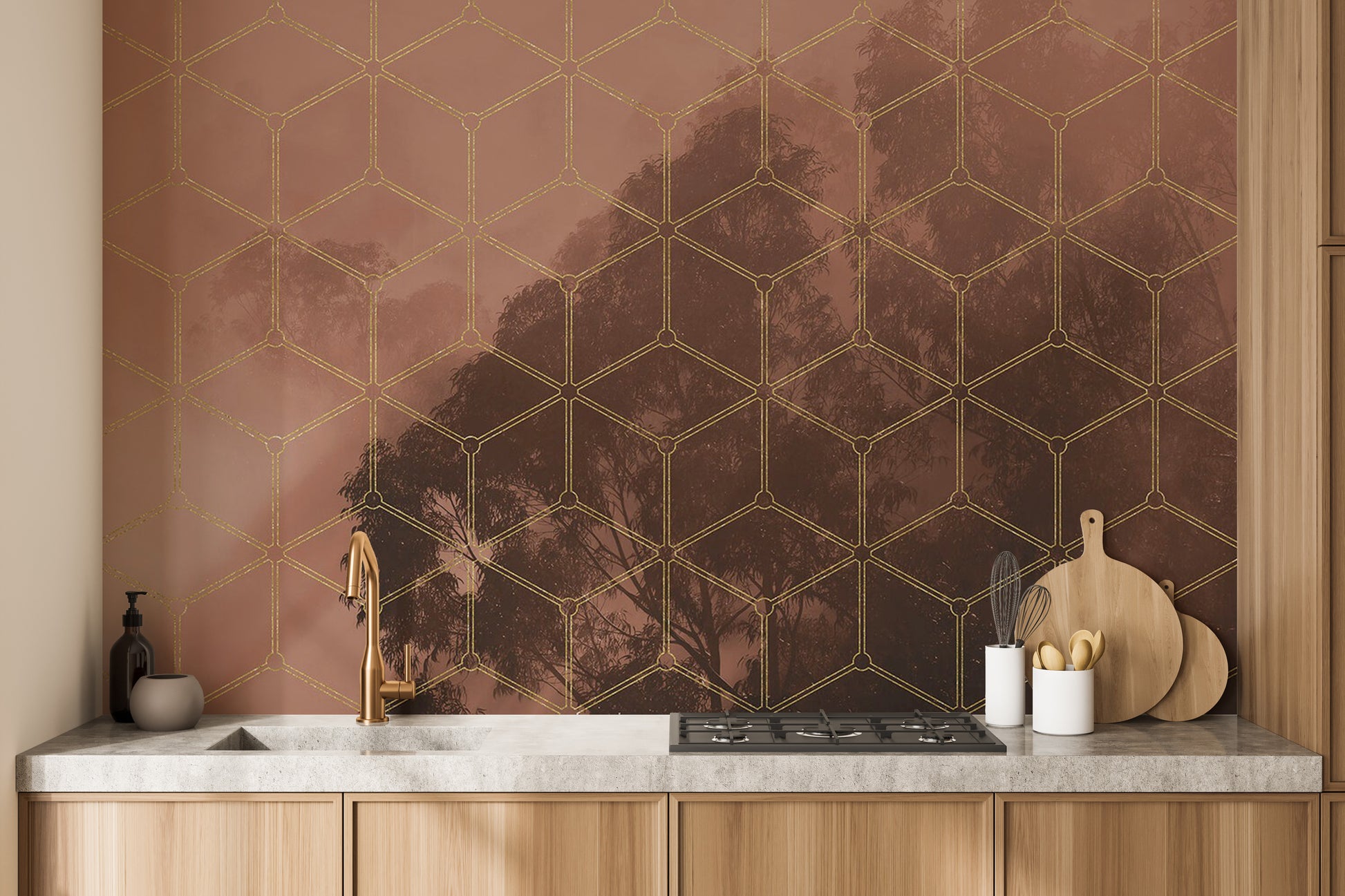 Elegant golden geometric forest mural for modern rooms
