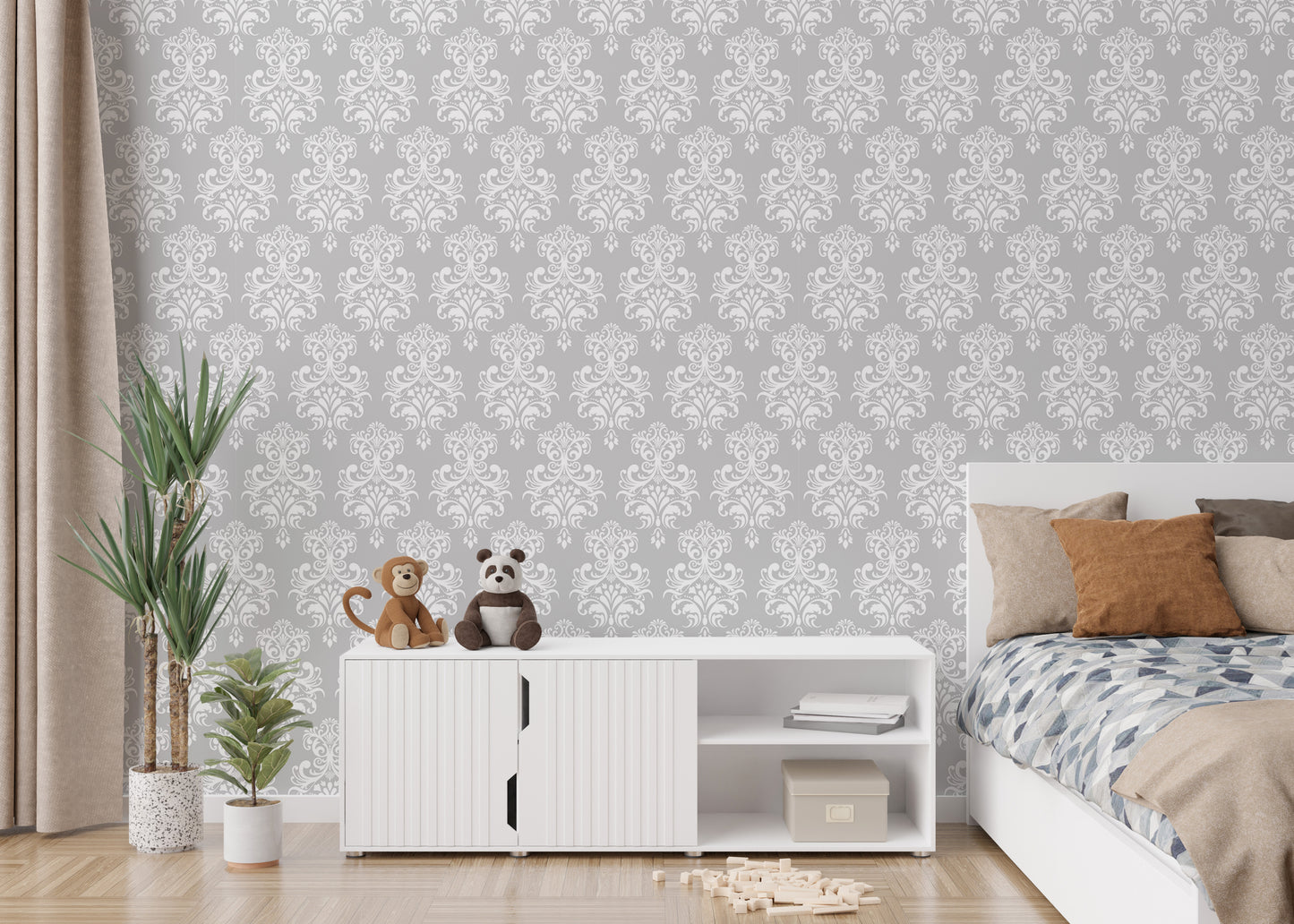 White Color Damask Pattern Removable Wallpaper