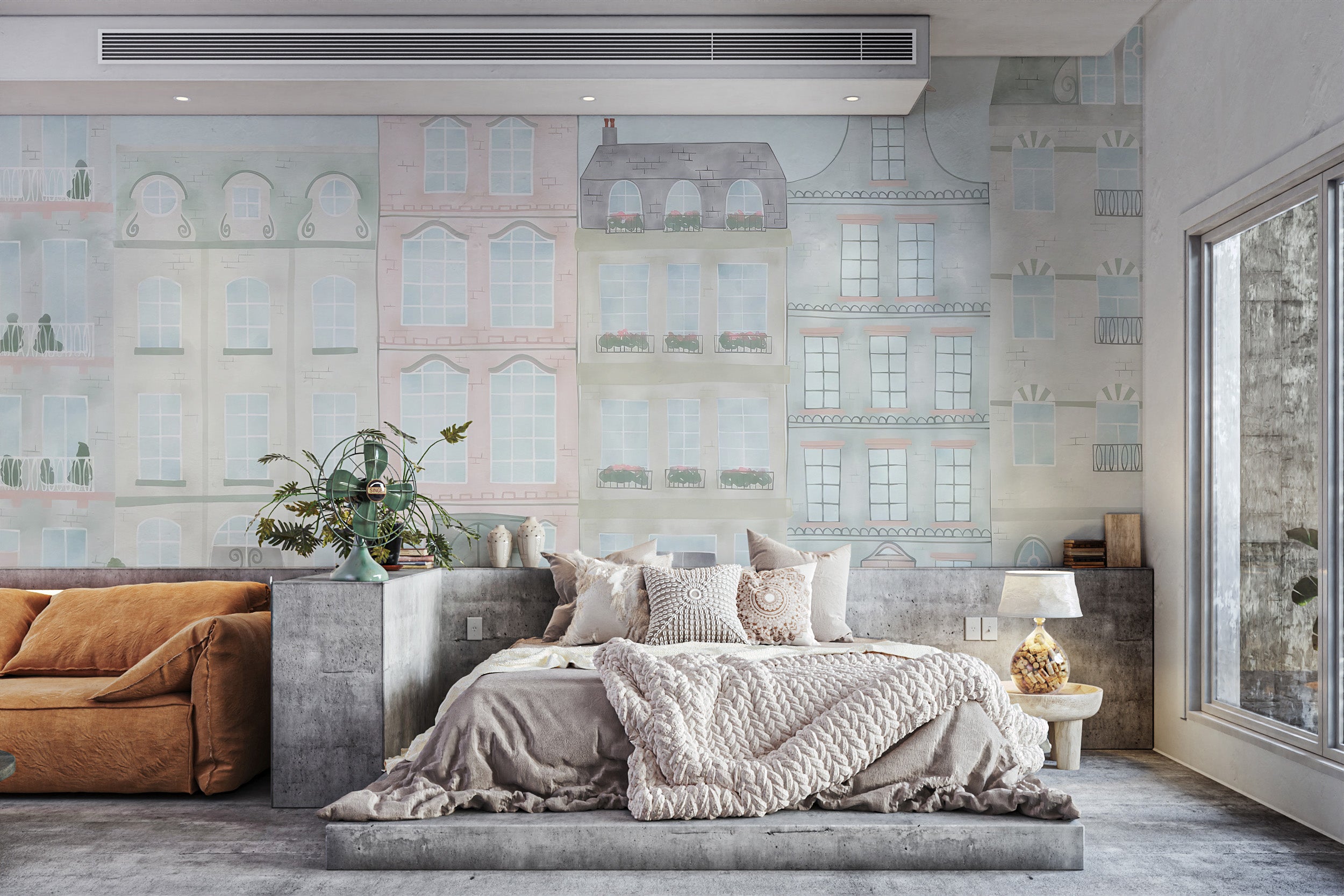 Whimsical city wallpaper with pastel watercolor accents