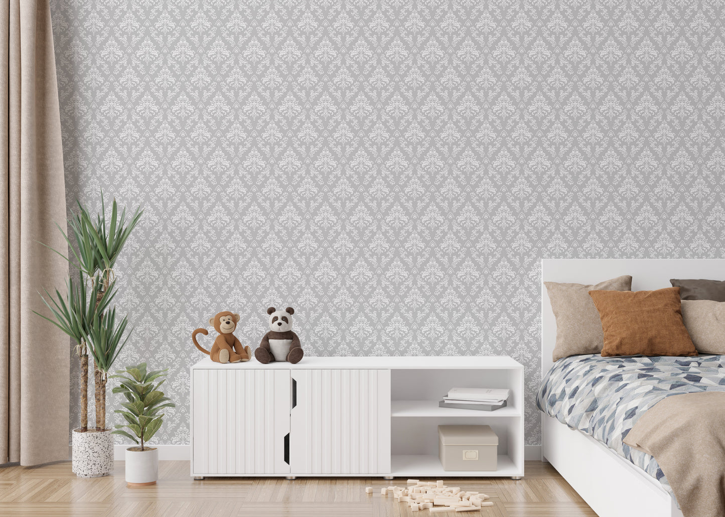 White Color Mini Damask Design Wallpaper For Walls