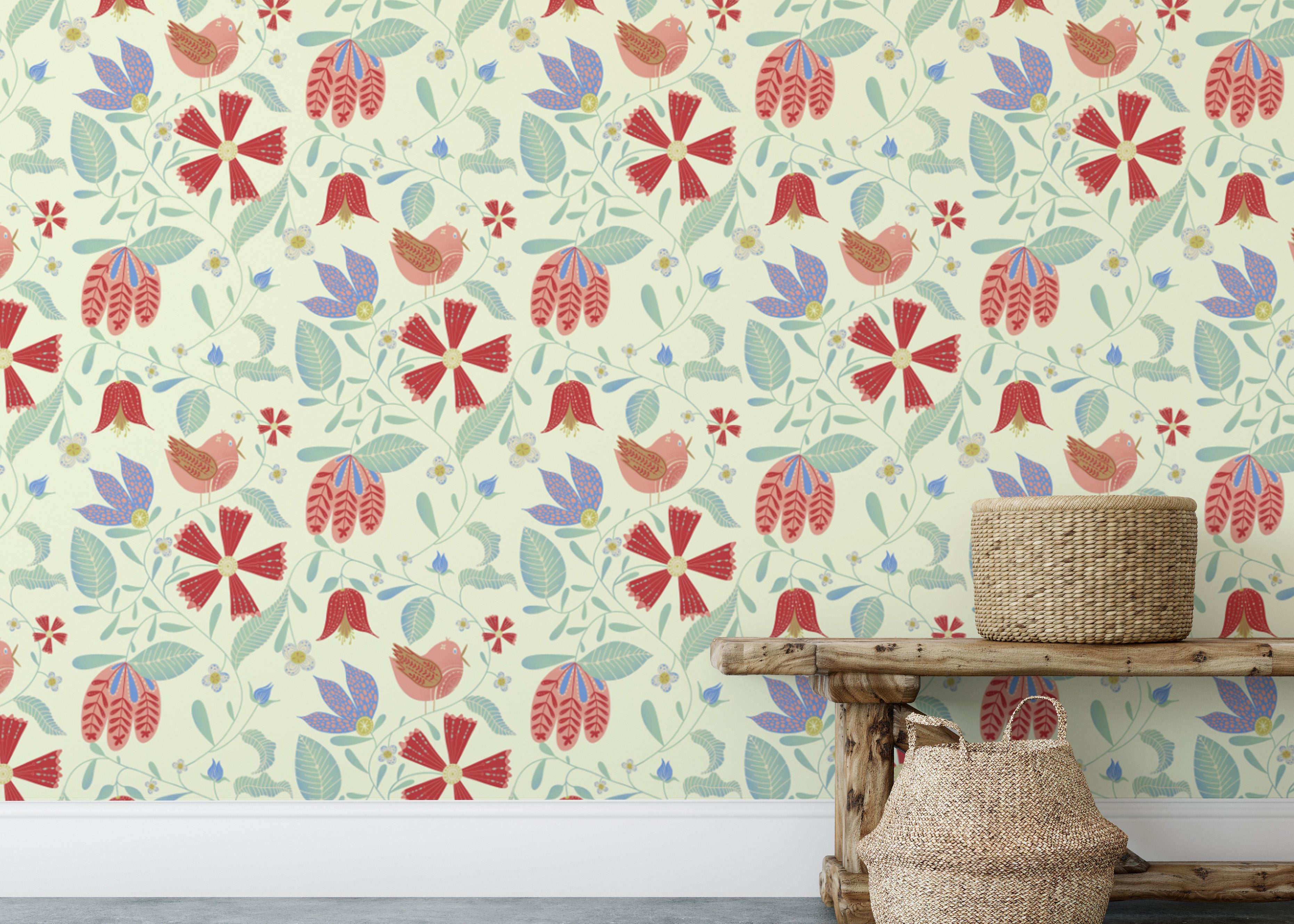 Unique bird-themed wallpaper with a folksy style
