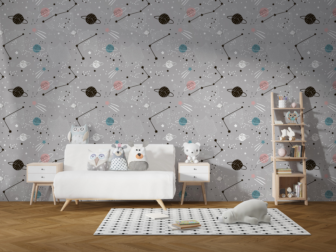 Vibrant kids wallpaper featuring stars and planets
