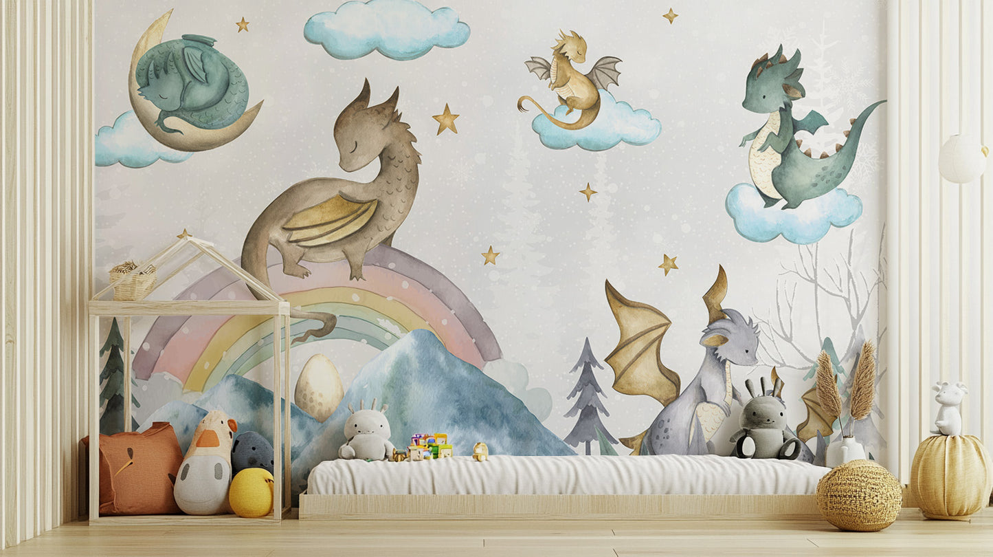 Vibrant fairytale dragon mural for playful and creative spaces