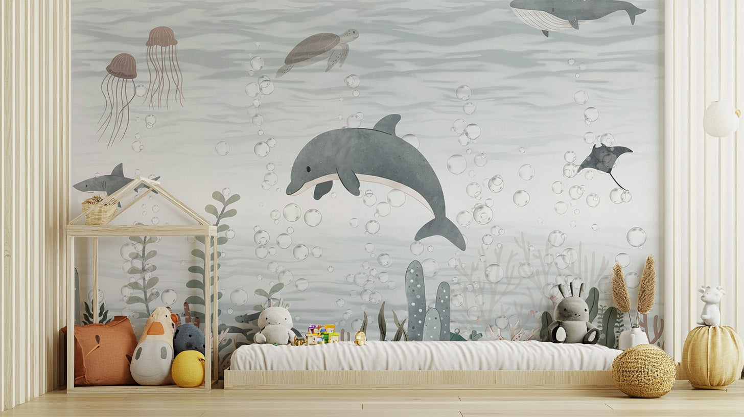 Playful dolphin wallpaper for kids' rooms and ocean lovers