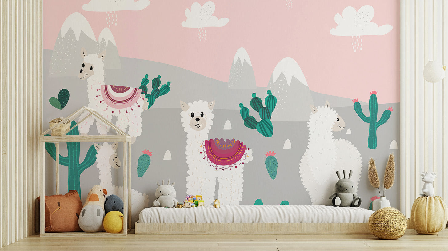 Kids' wall mural featuring llamas frolicking in a mountain setting