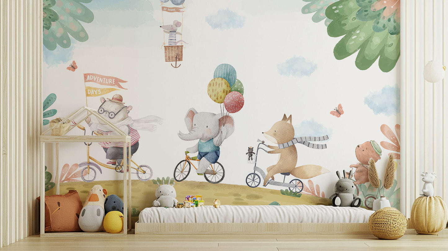 Animal bicycle ride wall mural for playful kids' decor