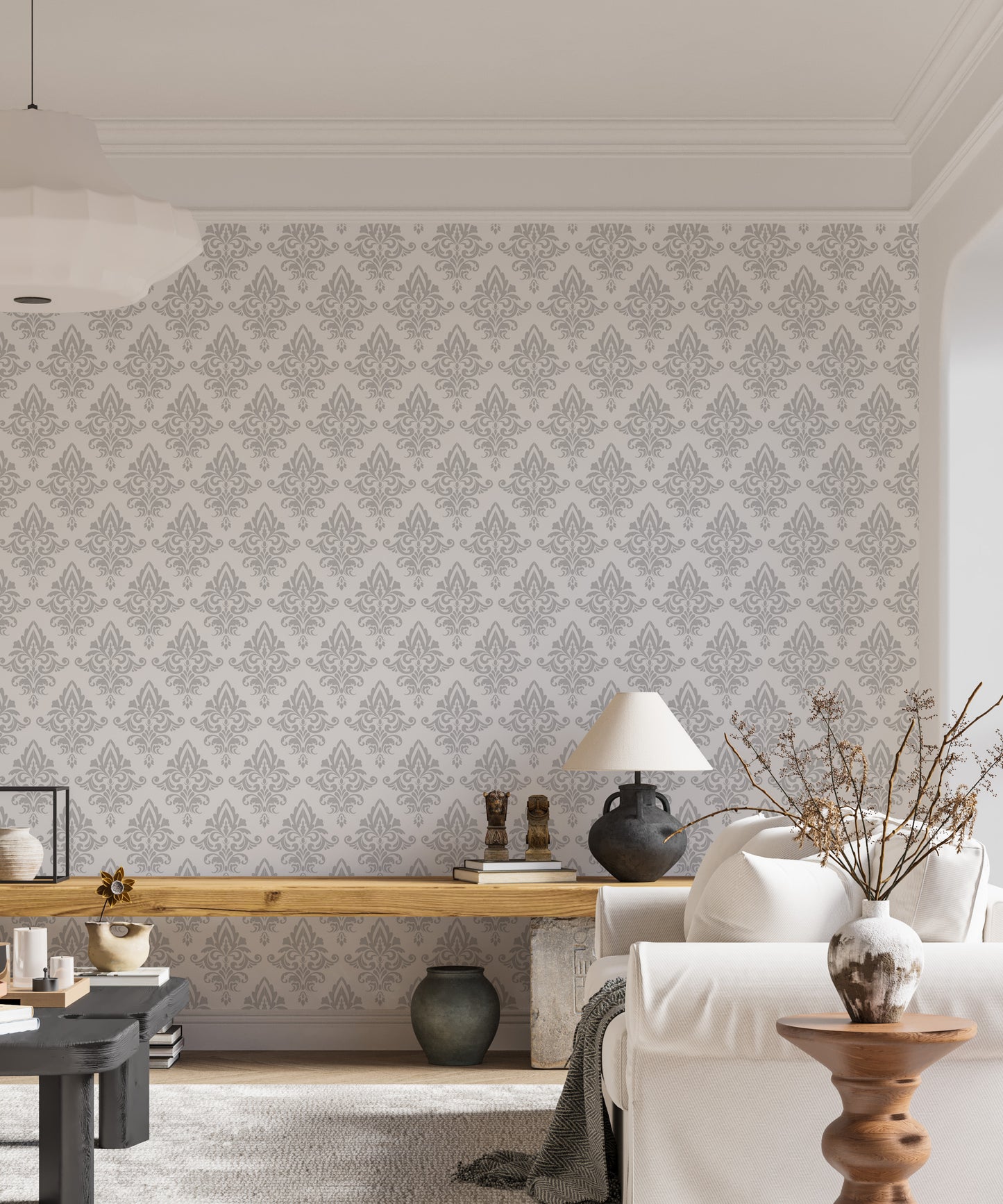 Baroque Style Gray and White Color Damask Wallpaper