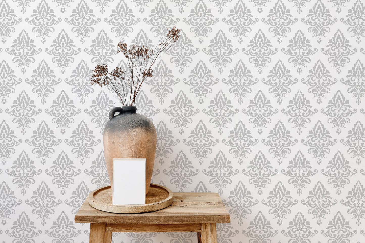 Baroque Style Gray and White Color Damask Wallpaper