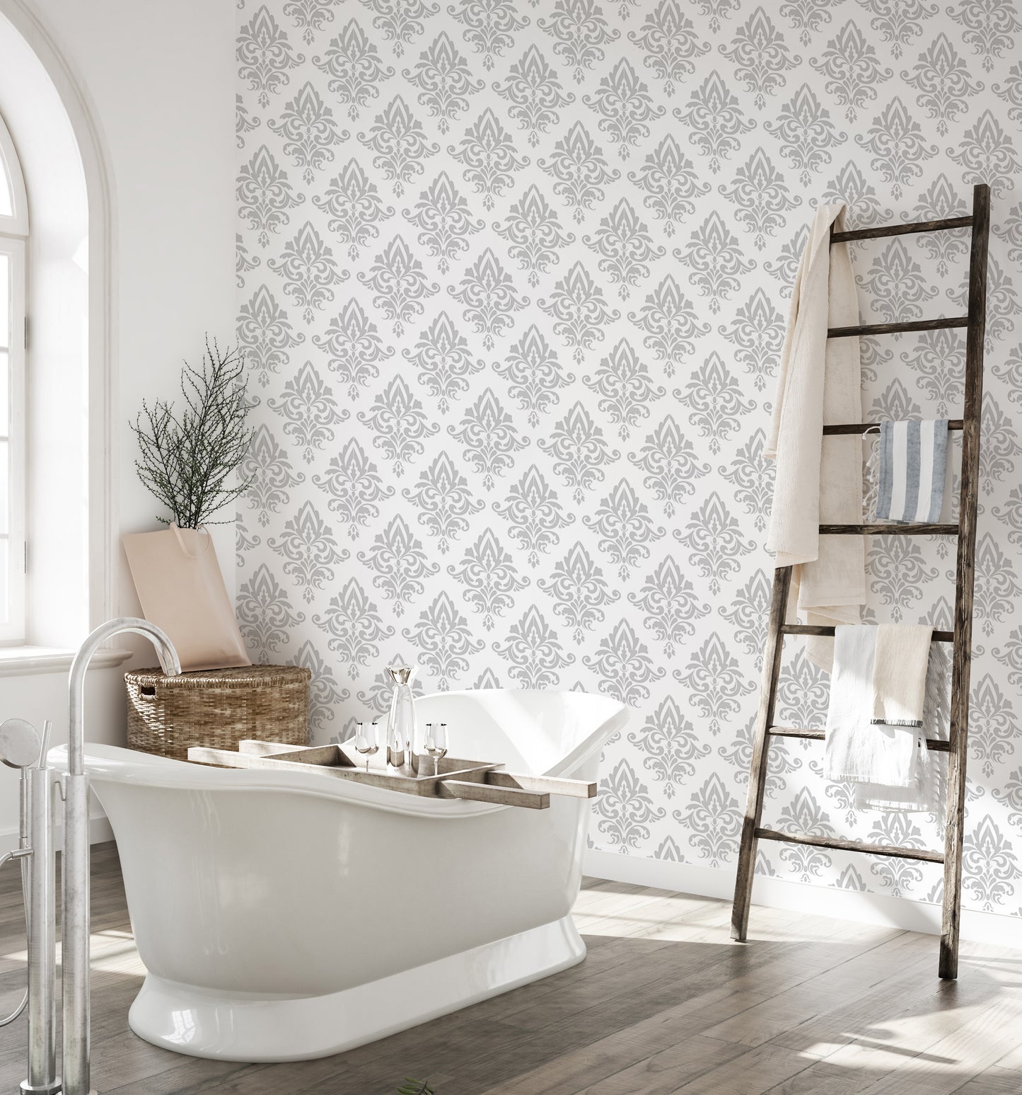 Baroque Style Gray and White Color Damask Wallpaper