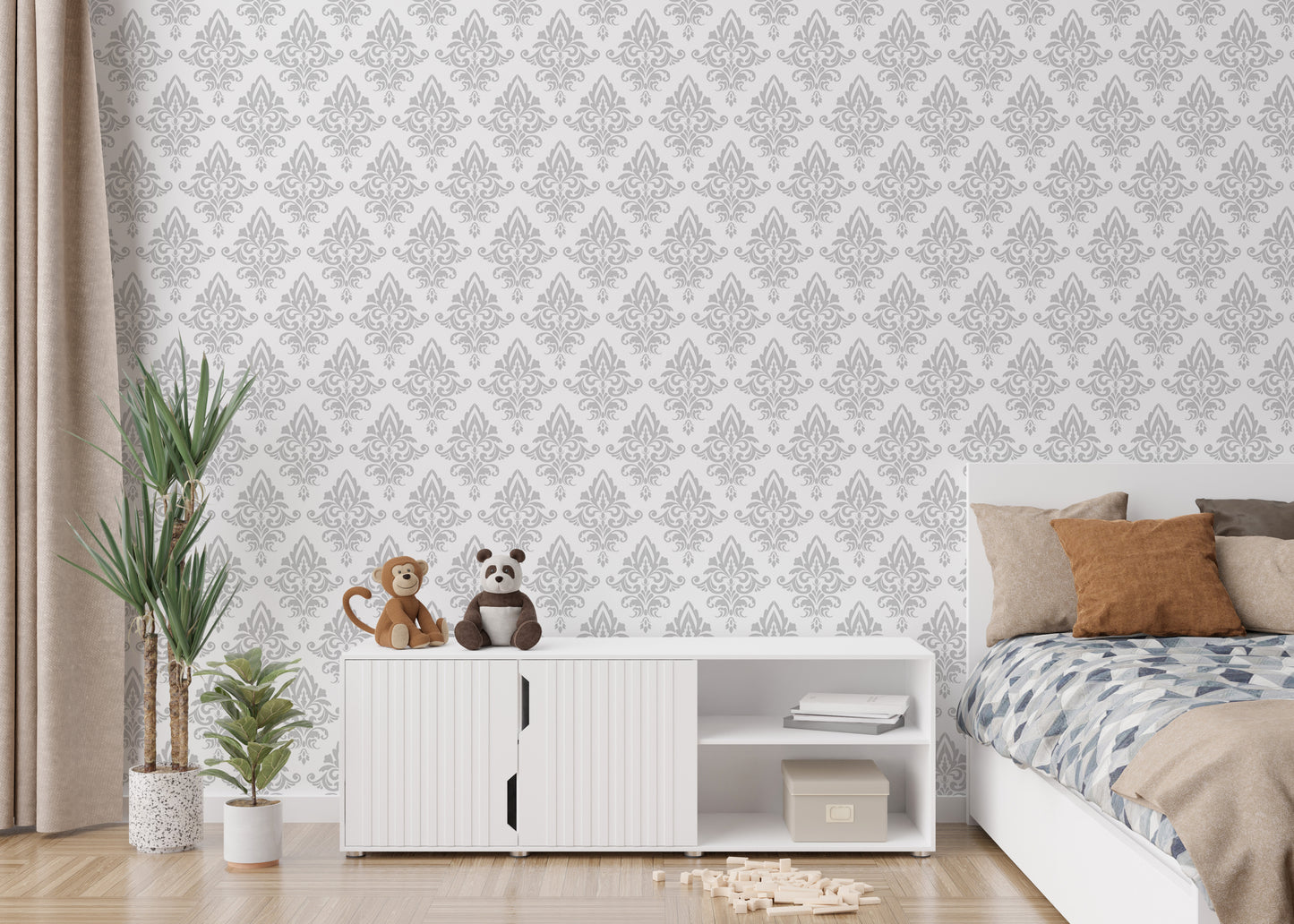 Baroque Style Gray and White Color Damask Wallpaper