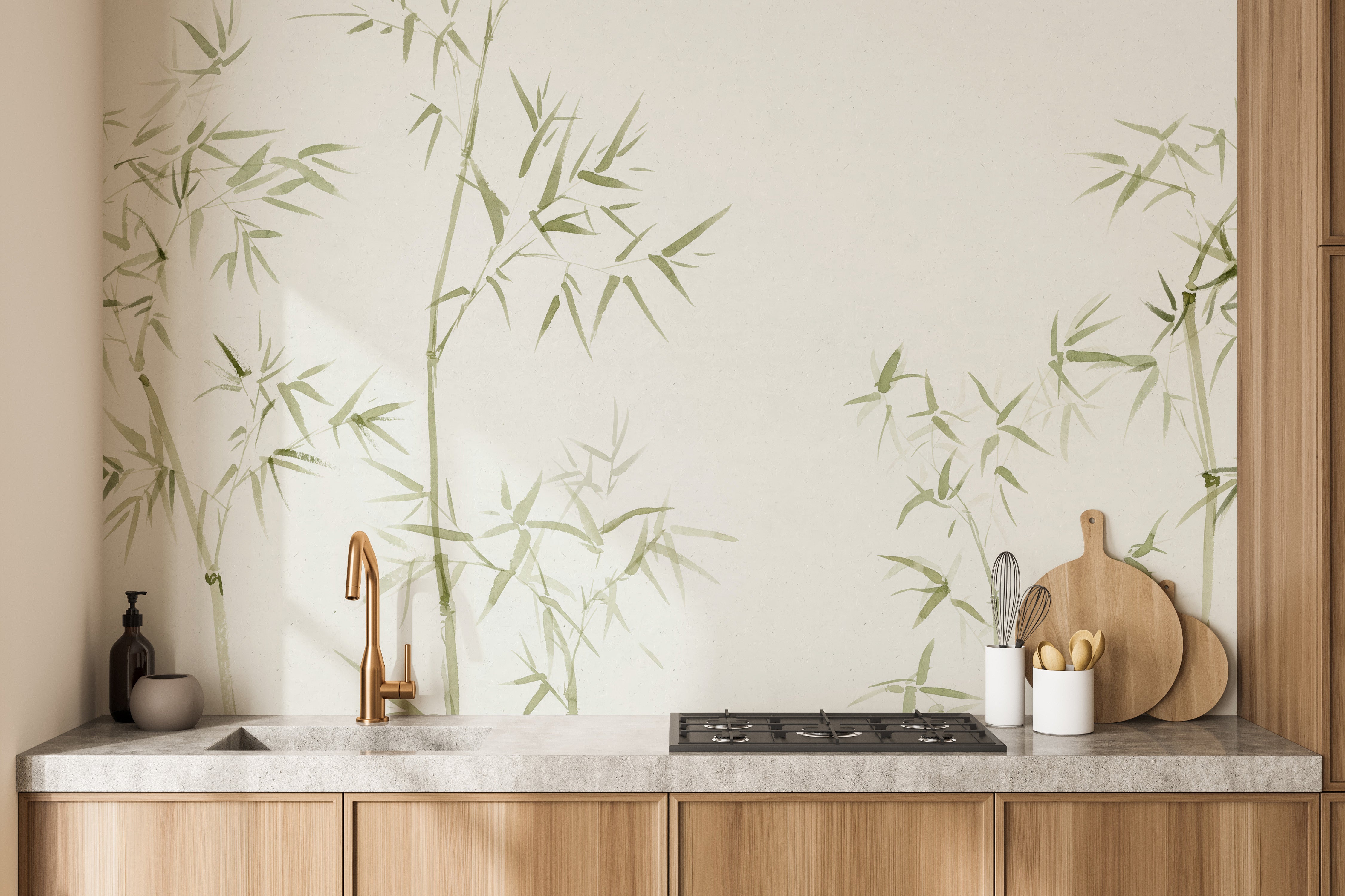 Tranquil watercolor bamboo tree mural for calming spaces
