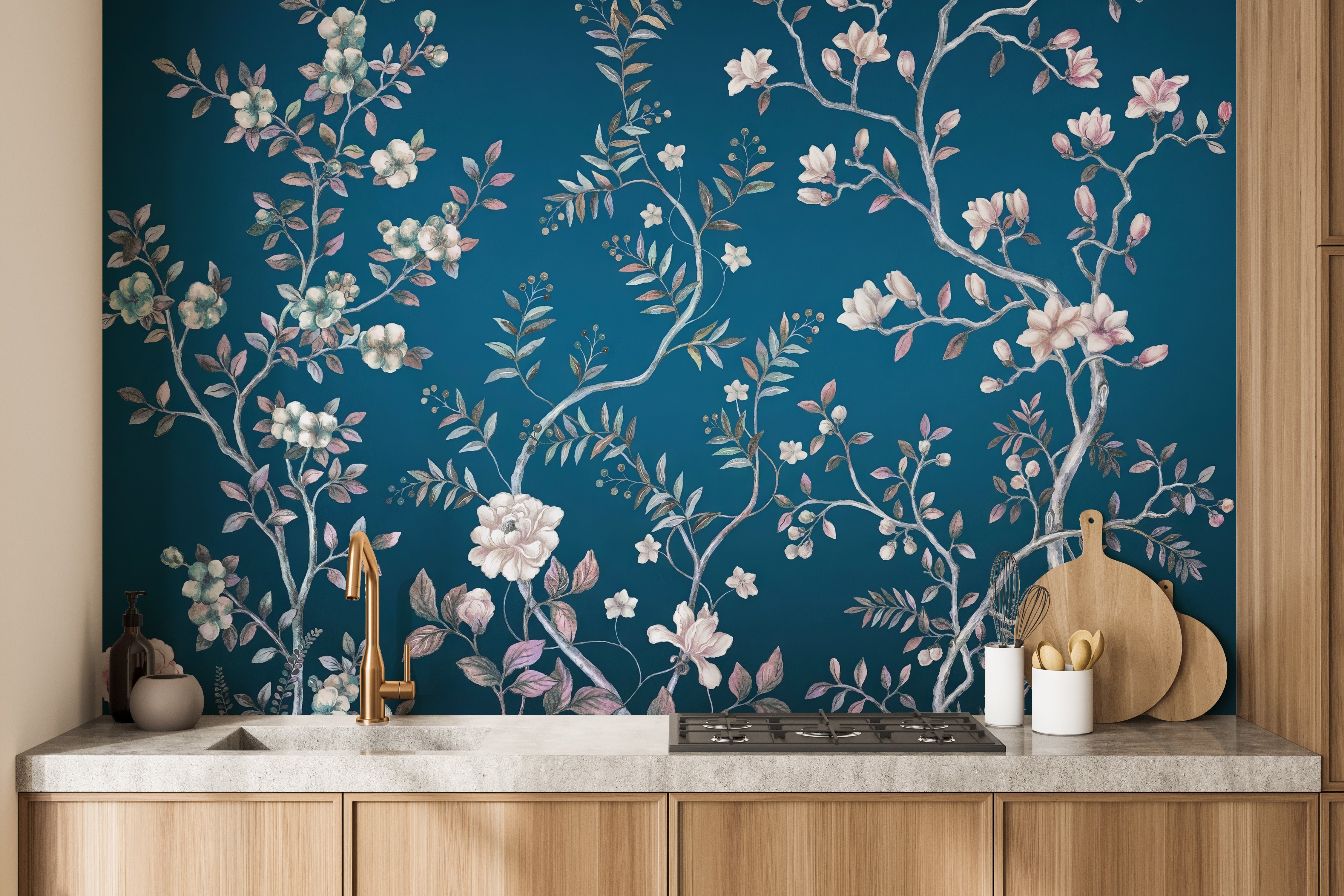 Vintage-inspired blue chinoiserie mural for walls
