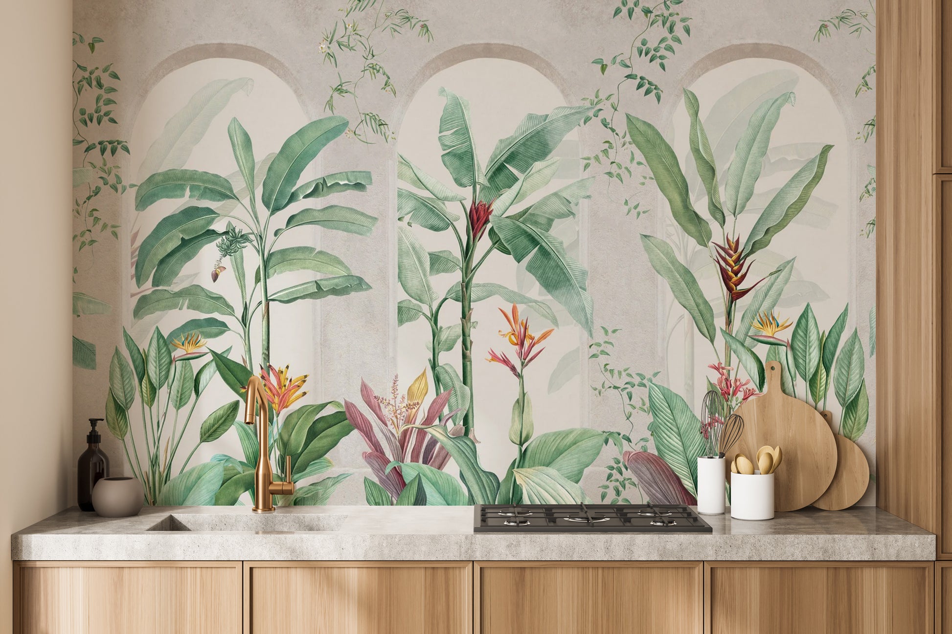 Artistic tropical banana leaf mural for dynamic decor



