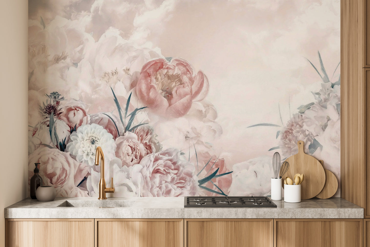 Elegant pink and white flower mural for serene walls
