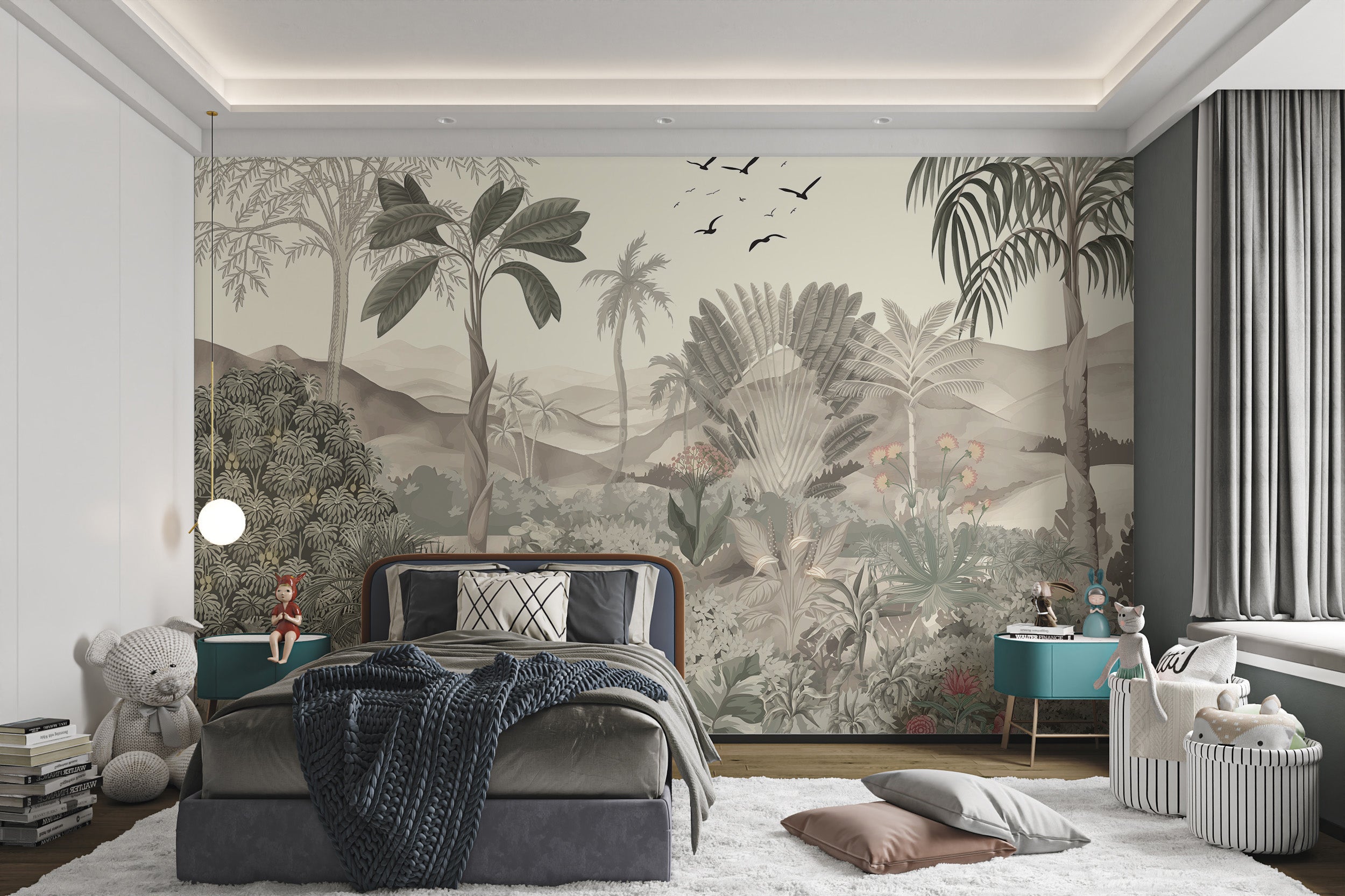 Tropical Jungle Mural with Palm Trees