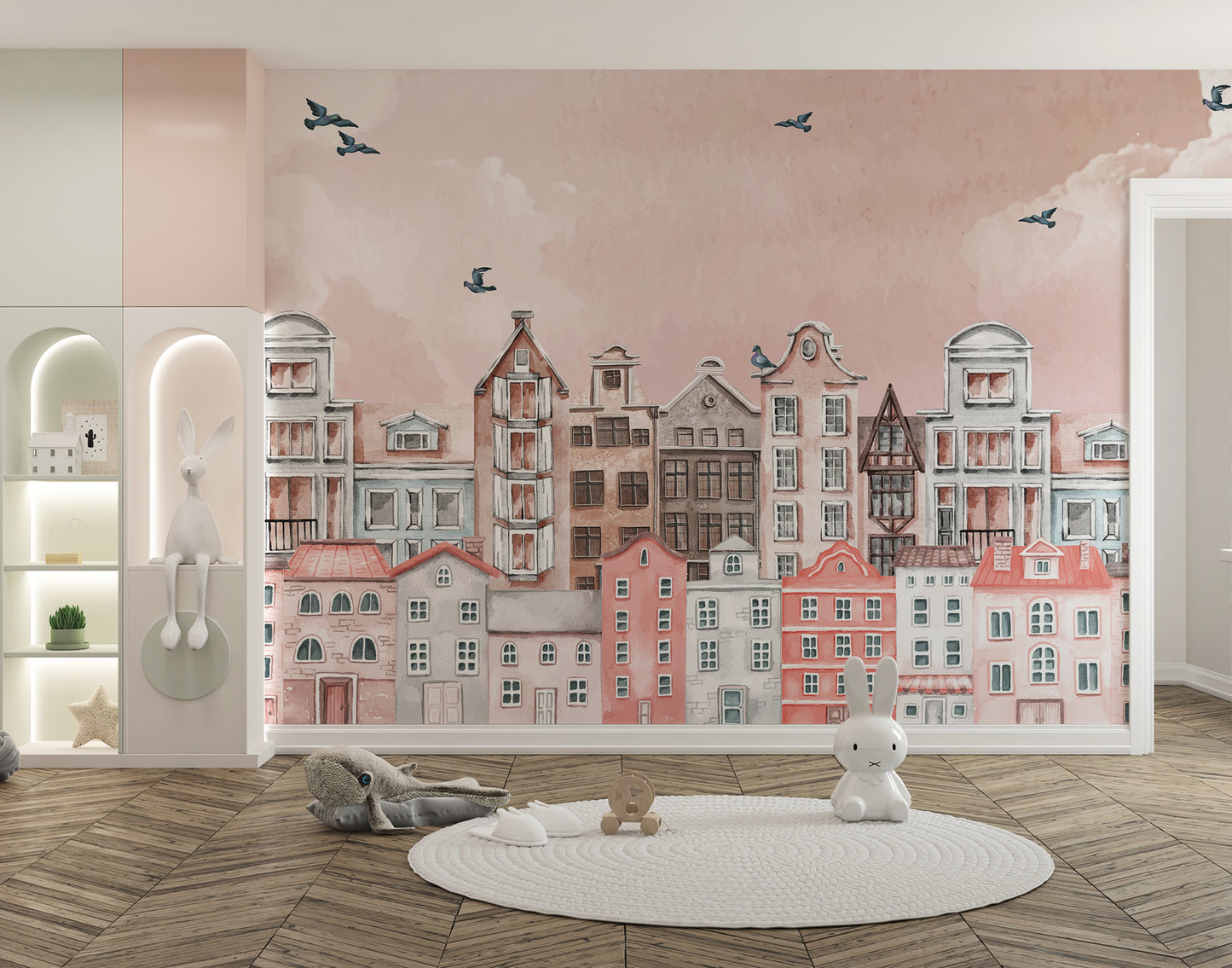 Pink Cityscape Wallpaper Mural with soft, pastel tones