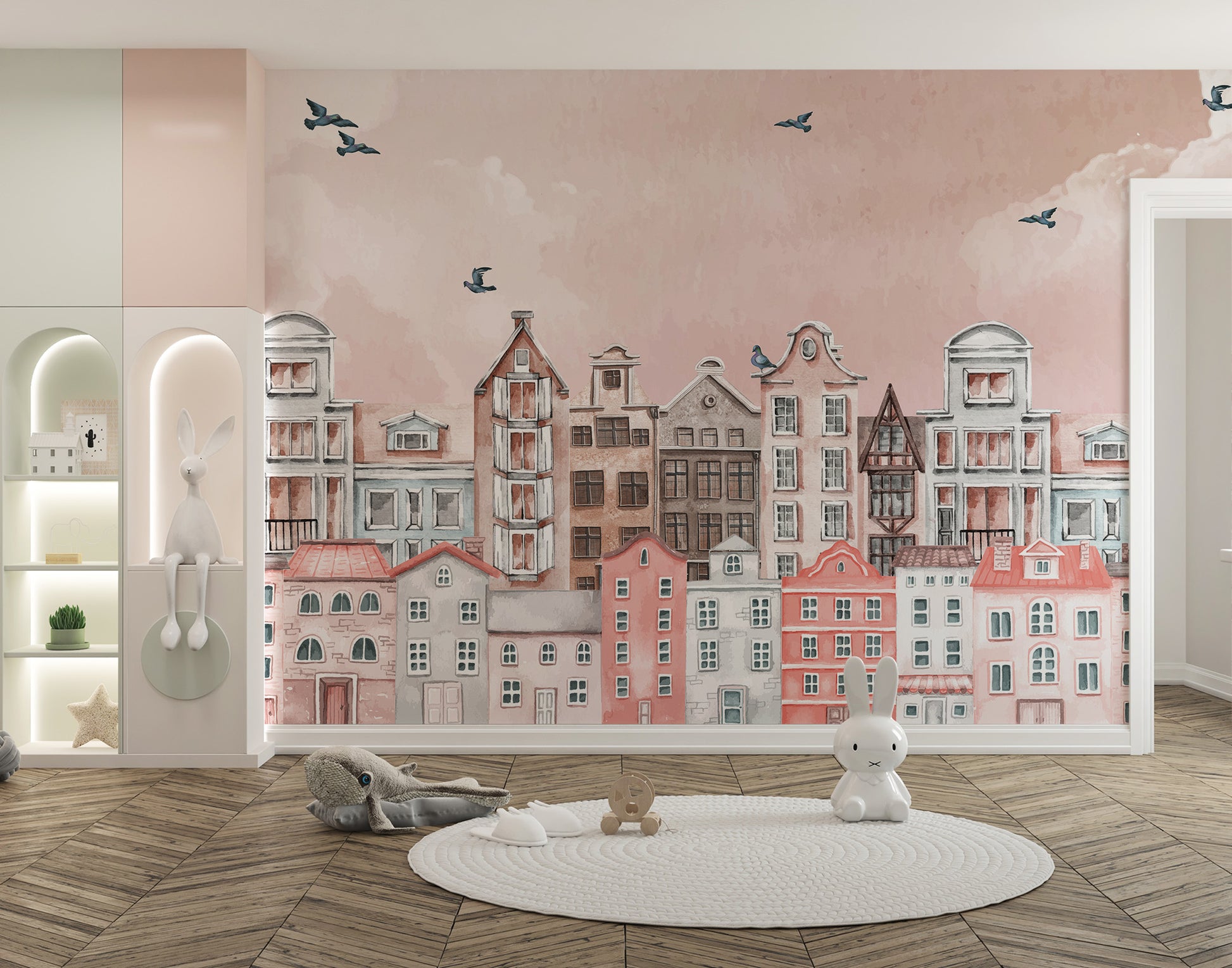 Pink Cityscape Wallpaper Mural with soft, pastel tones