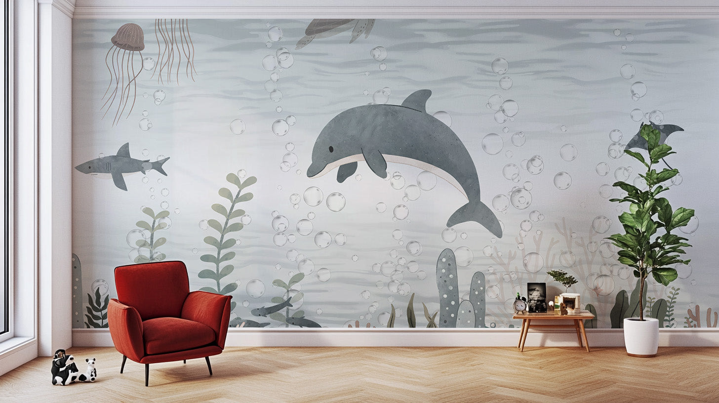 Vibrant playful dolphin mural for fun and lively interiors