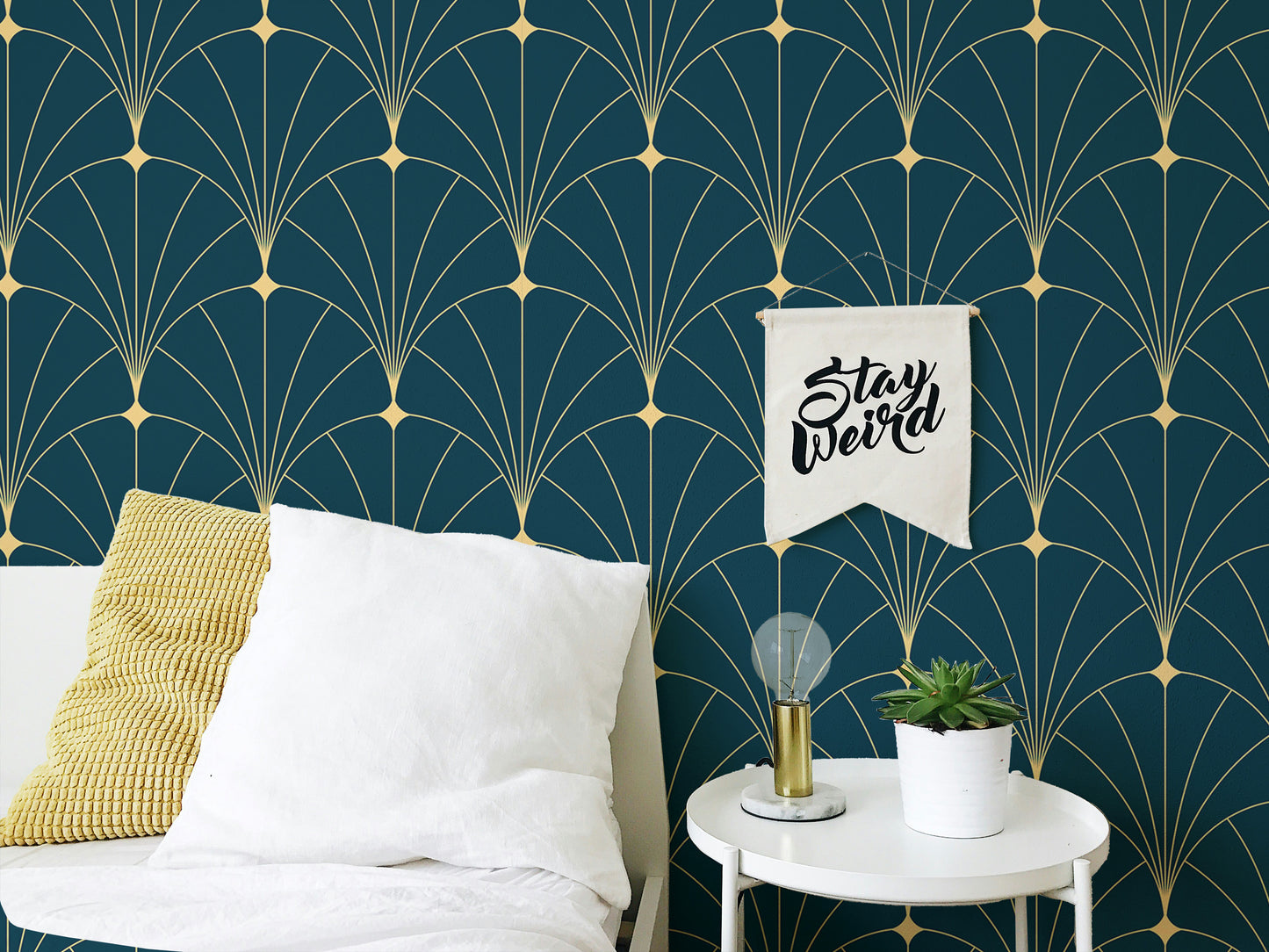 Dark blue geometric Deco wallpaper design.