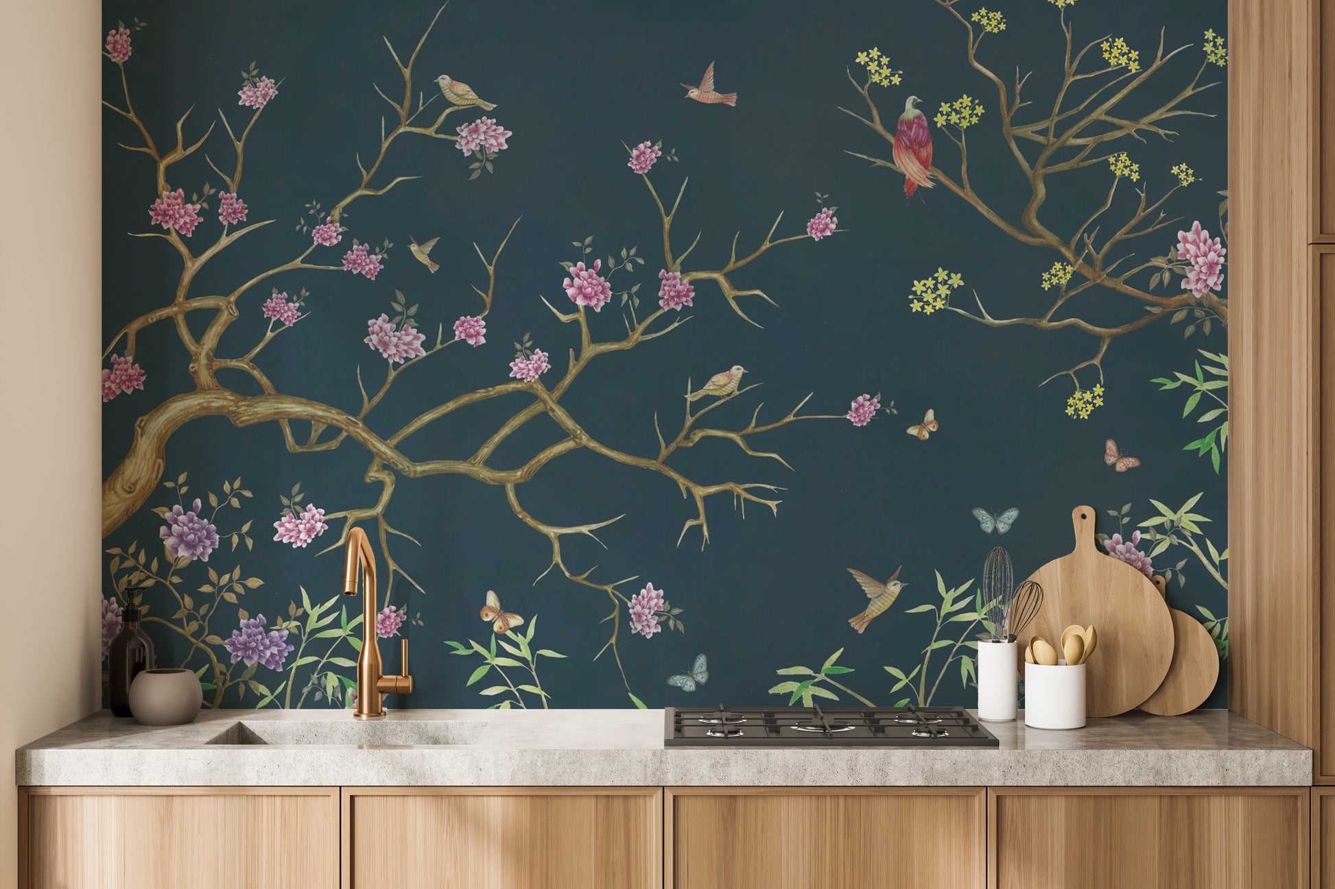 Dark blue chinoiserie wall mural for timeless elegance
