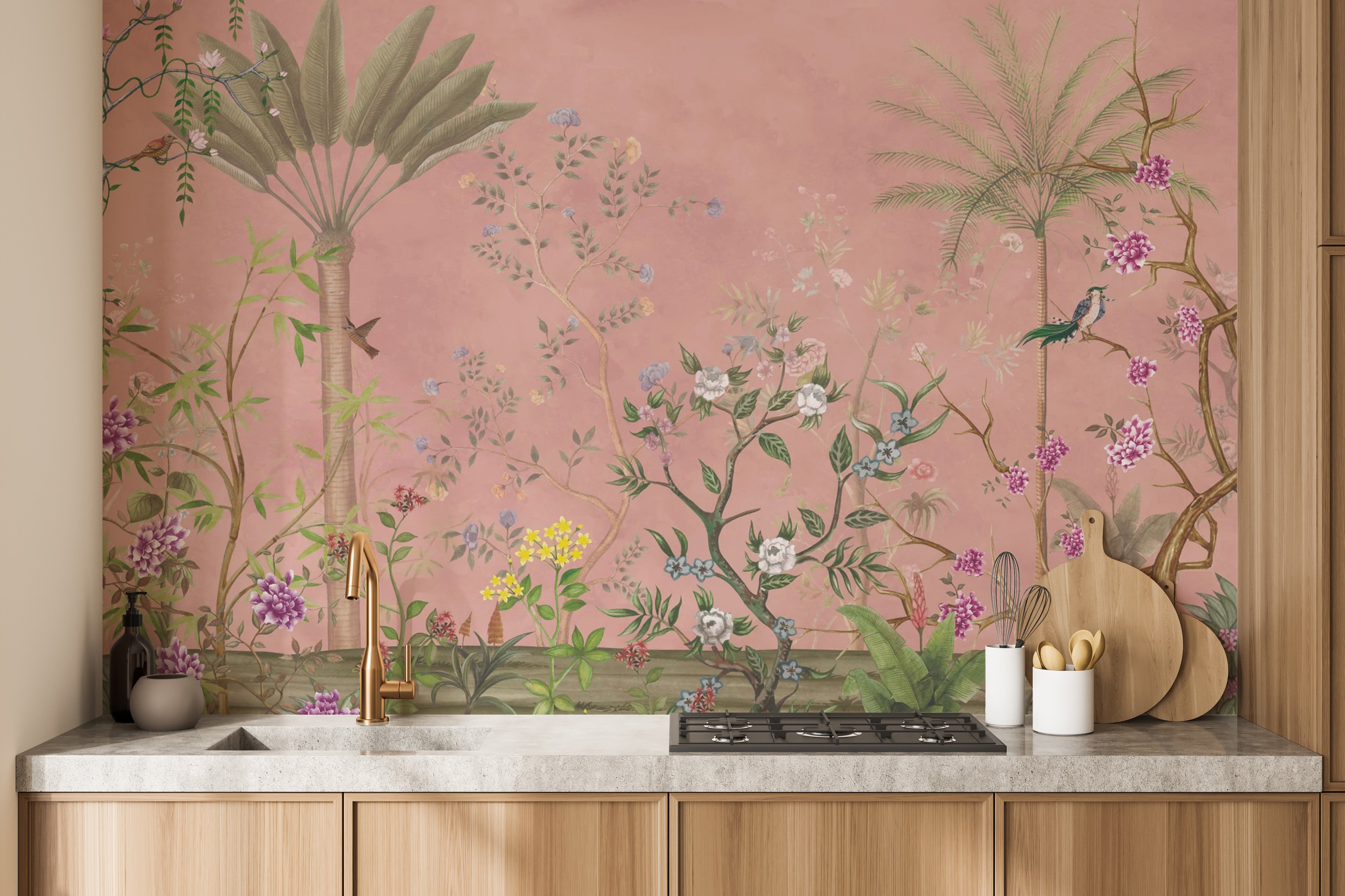 Decorative pink tropical chinoiserie mural for bold spaces



