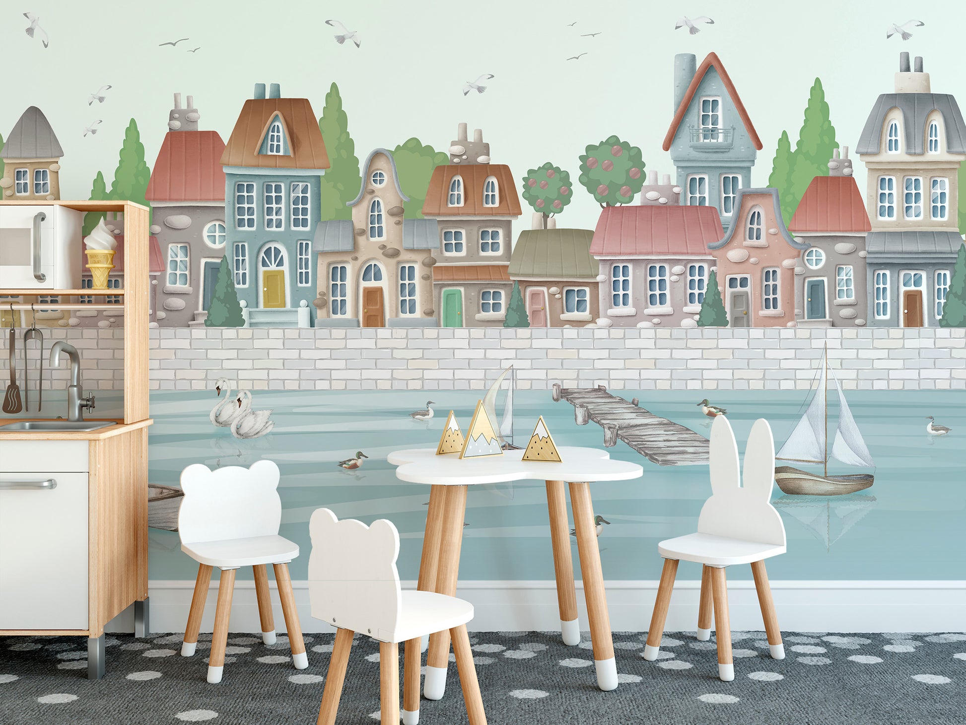 Oceanfront Coastal Town Wallpaper Mural