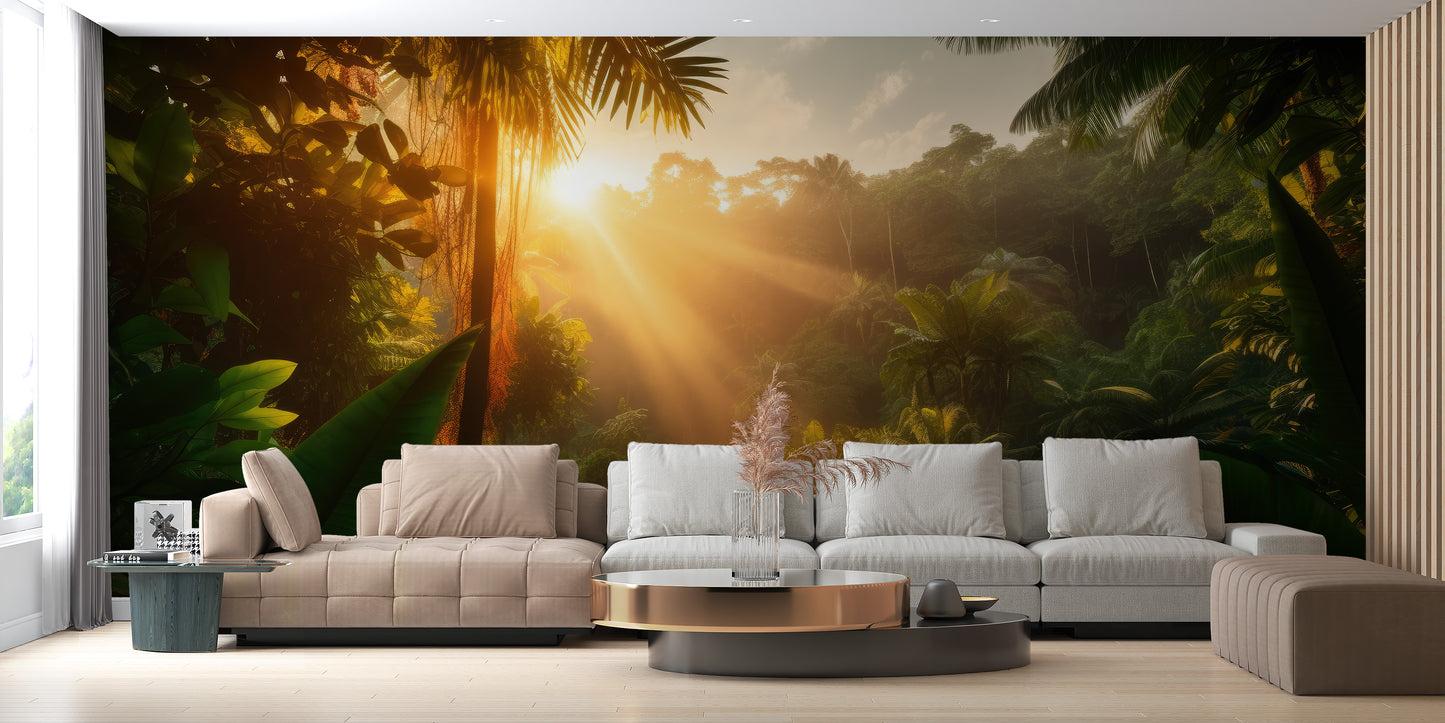 Room wallpaper featuring a jungle sunrise design