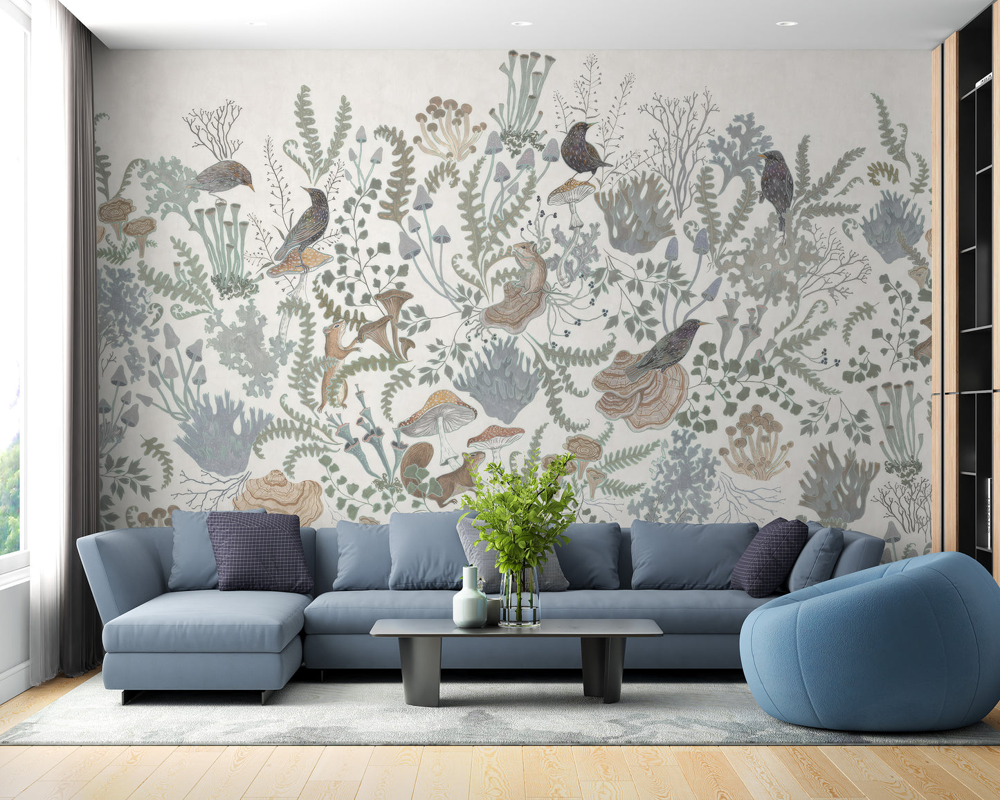 Birds and leaves peel-off mural for modern wall accents