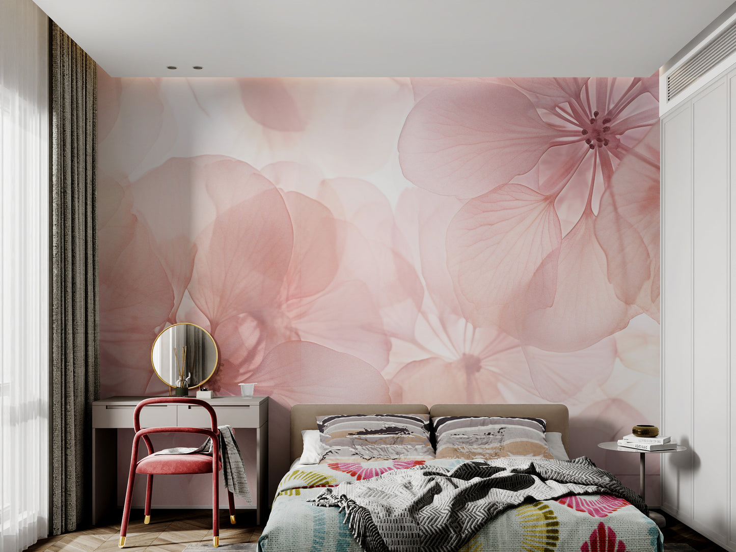 Soft pink floral wallpaper with delicate petals
