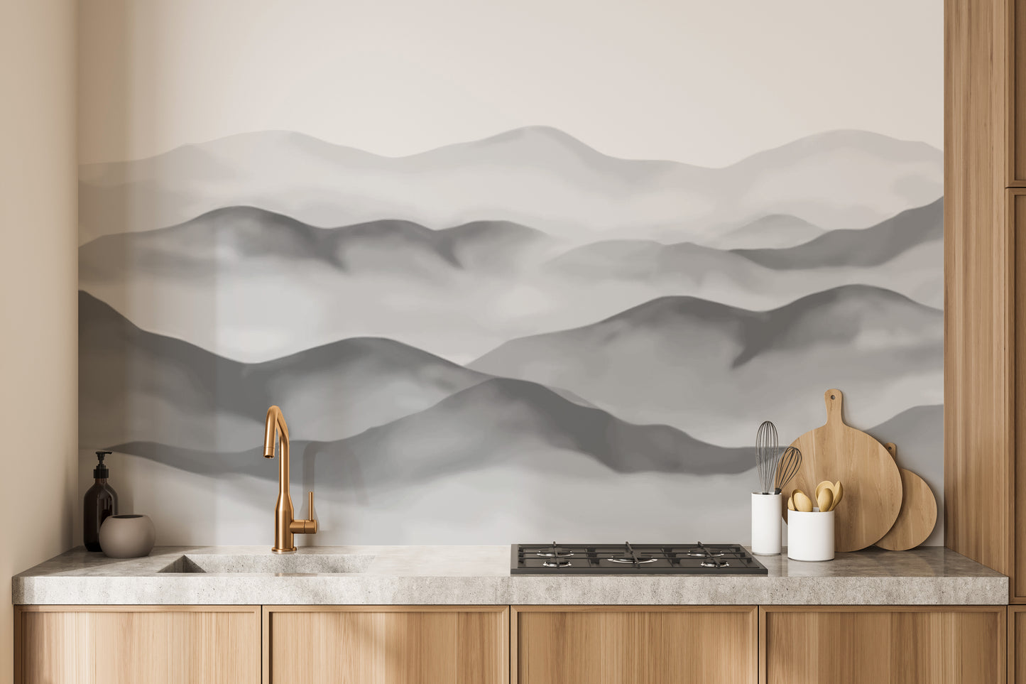 Serene gray watercolor peaks wallpaper for calm spaces
