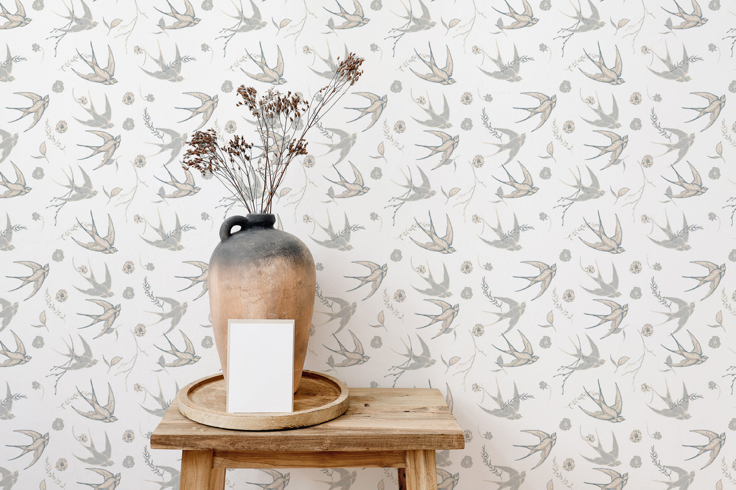 Swallow Birds and Flower Elements White Background Wallpaper