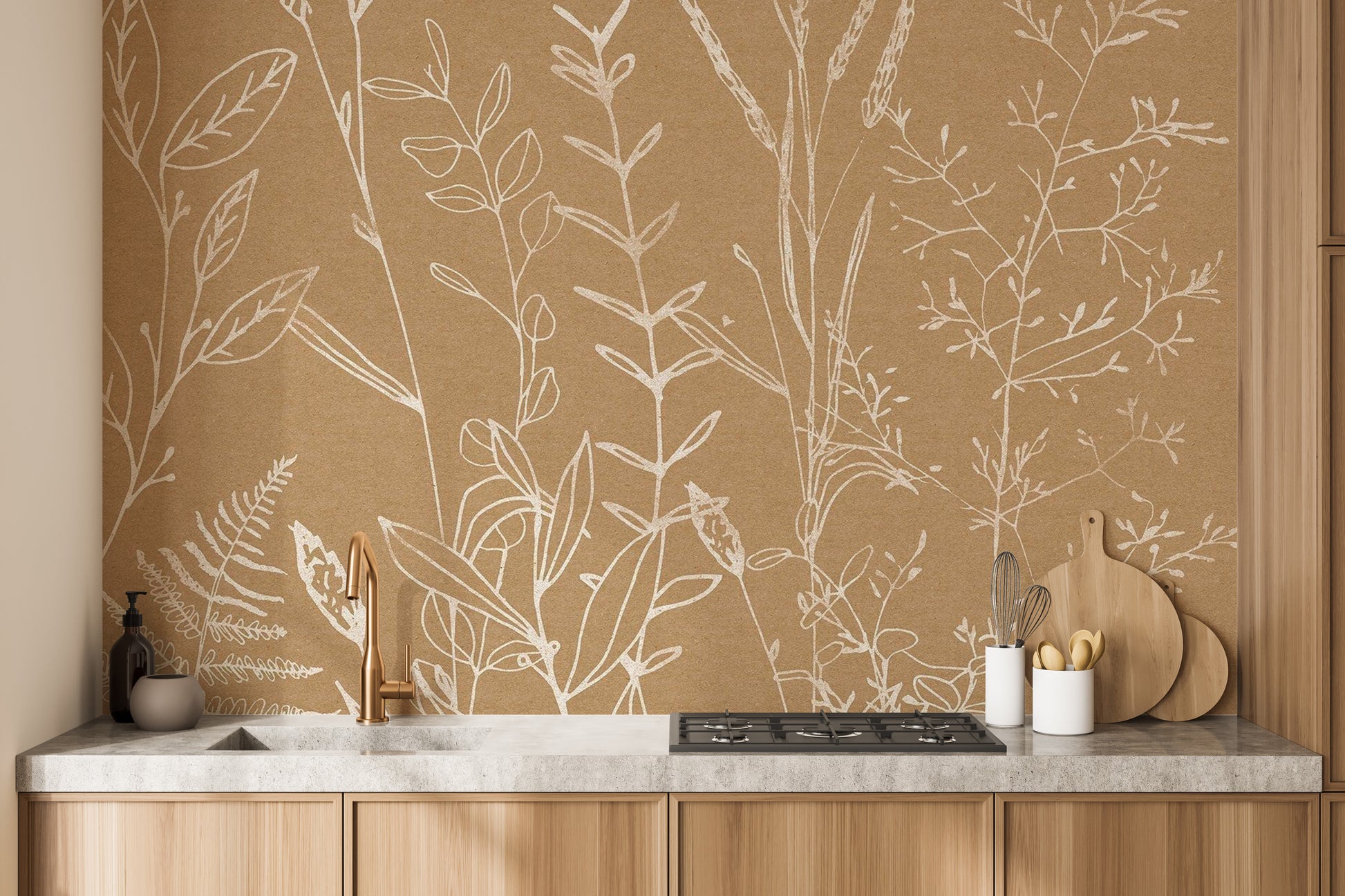 Minimalist beige botanical mural for soft room decor
