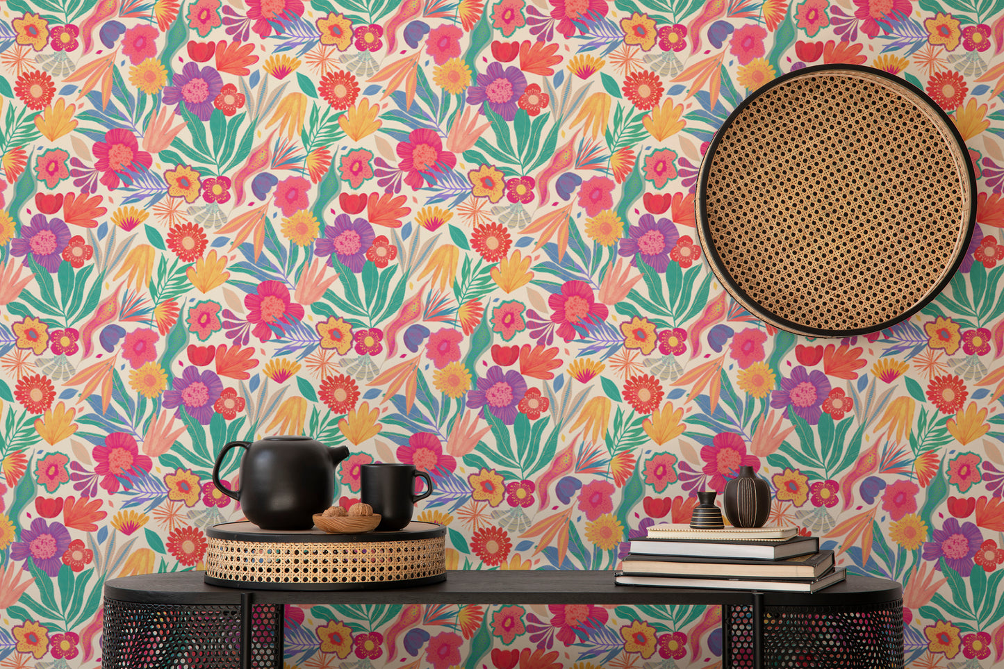 Artistic mural with exotic flowers for a tropical vibe
