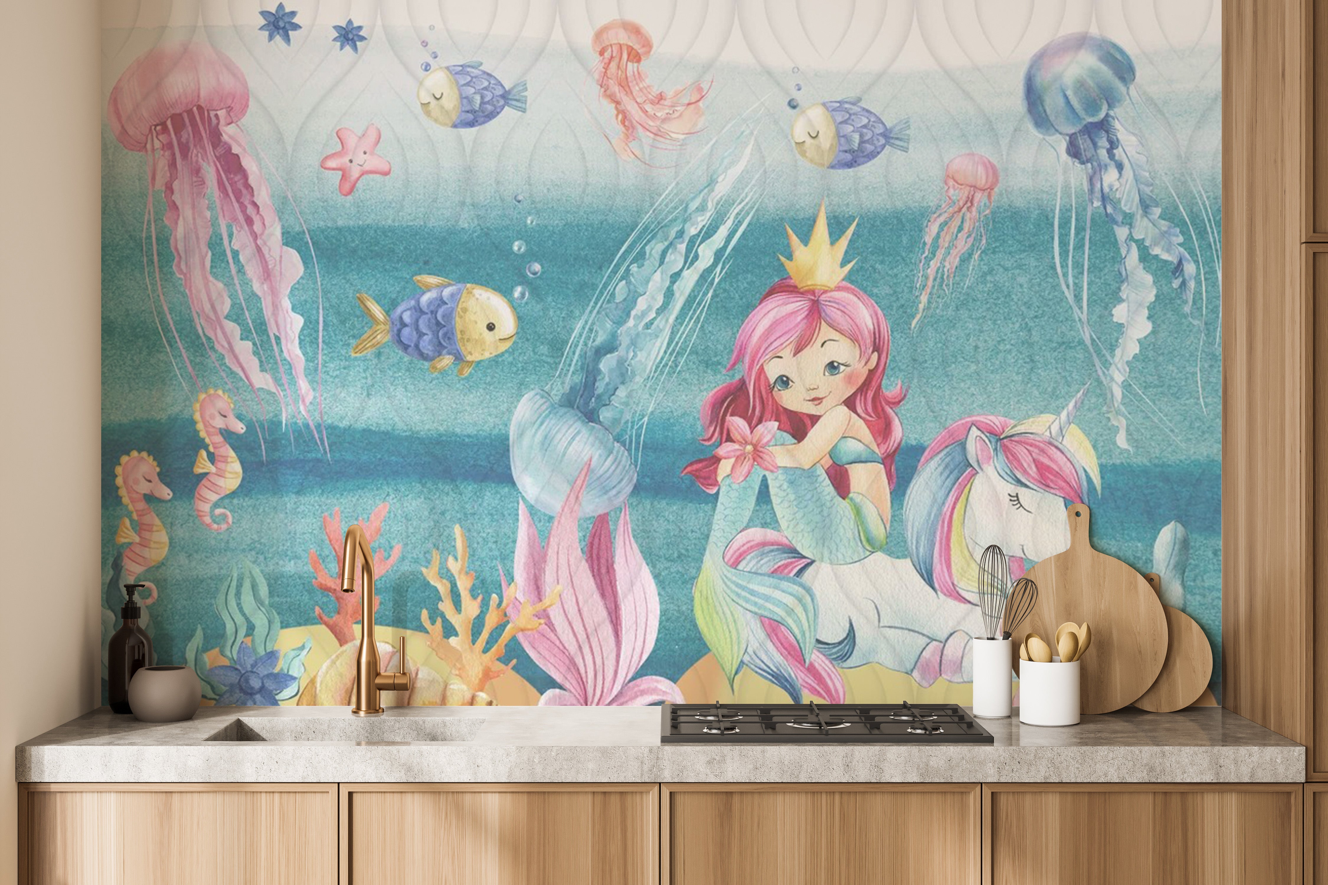 Fantasy mermaid kingdom mural for children's walls
