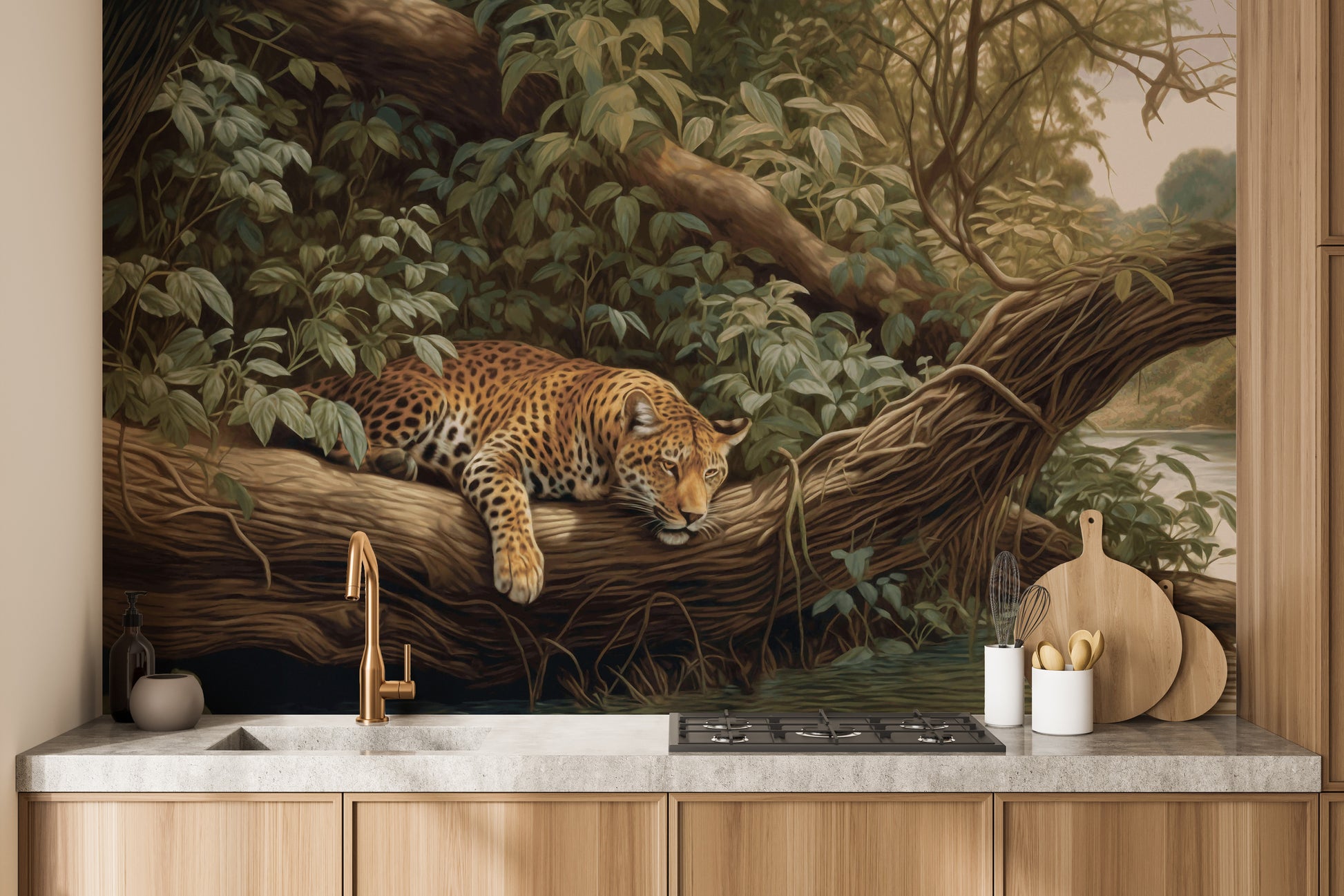 Dramatic jungle landscape mural with leopard for interiors
